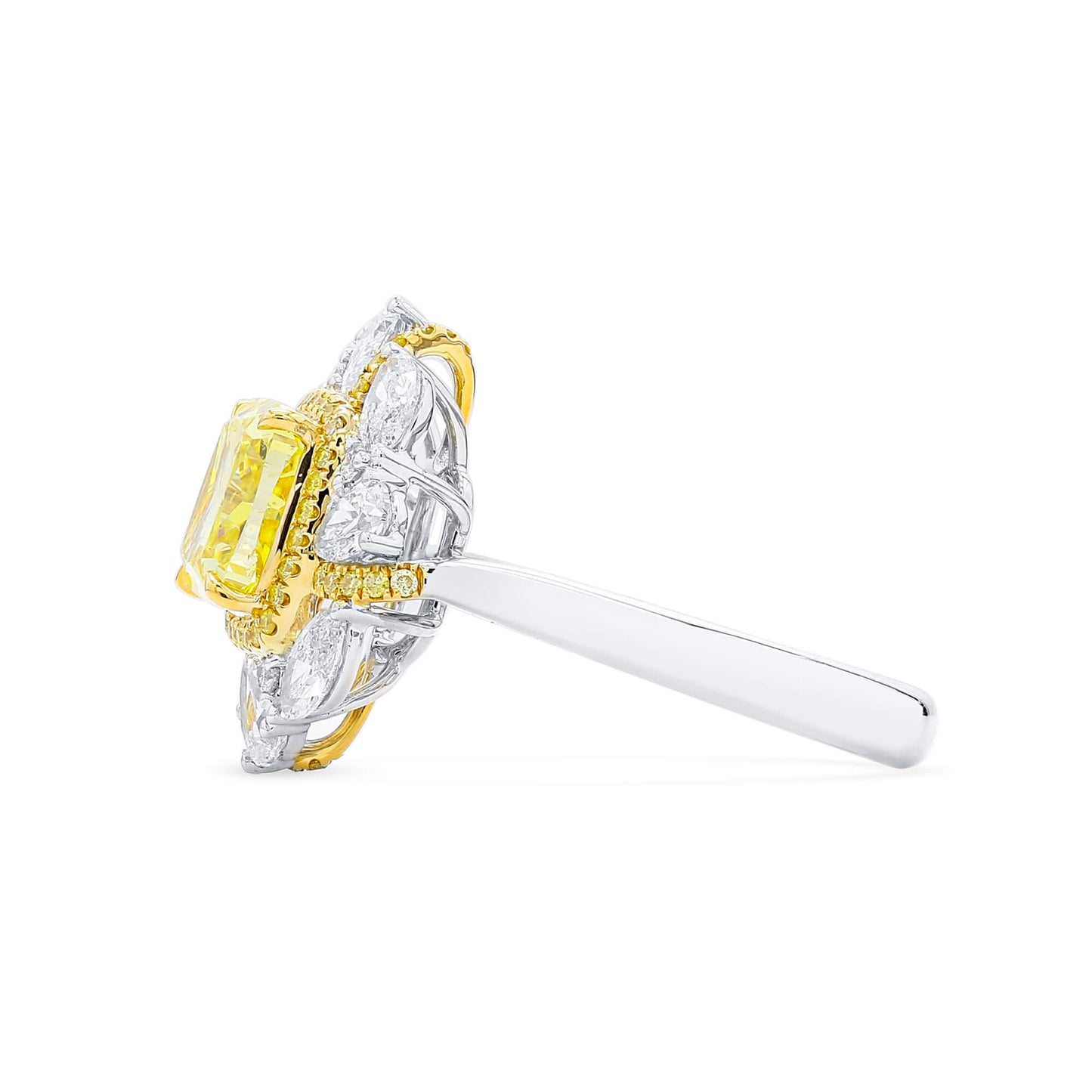 Natural Fancy Vivid Yellow Diamond Halo Ring, 18K White & Yellow Gold, Cushion Shape, 3.31 Ct. TW