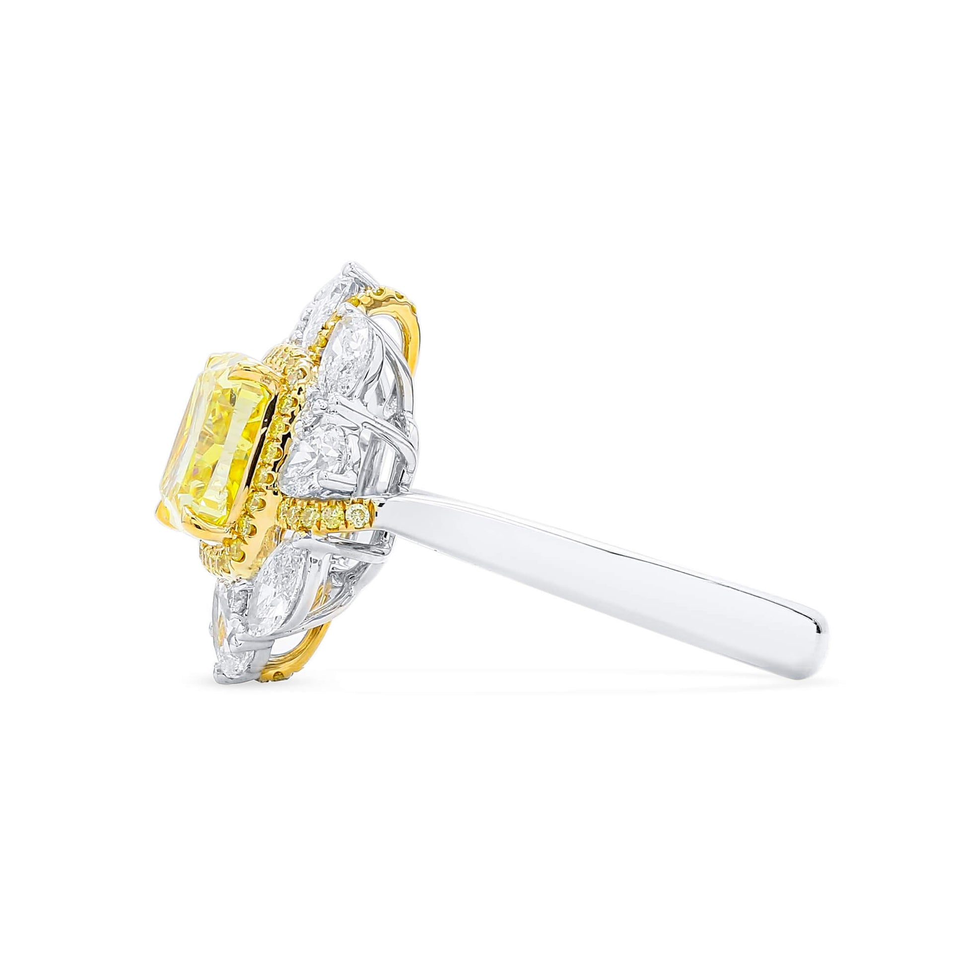 Natural Fancy Vivid Yellow Diamond Halo Ring, 18K White & Yellow Gold, Cushion Shape, 3.31 Ct. TW