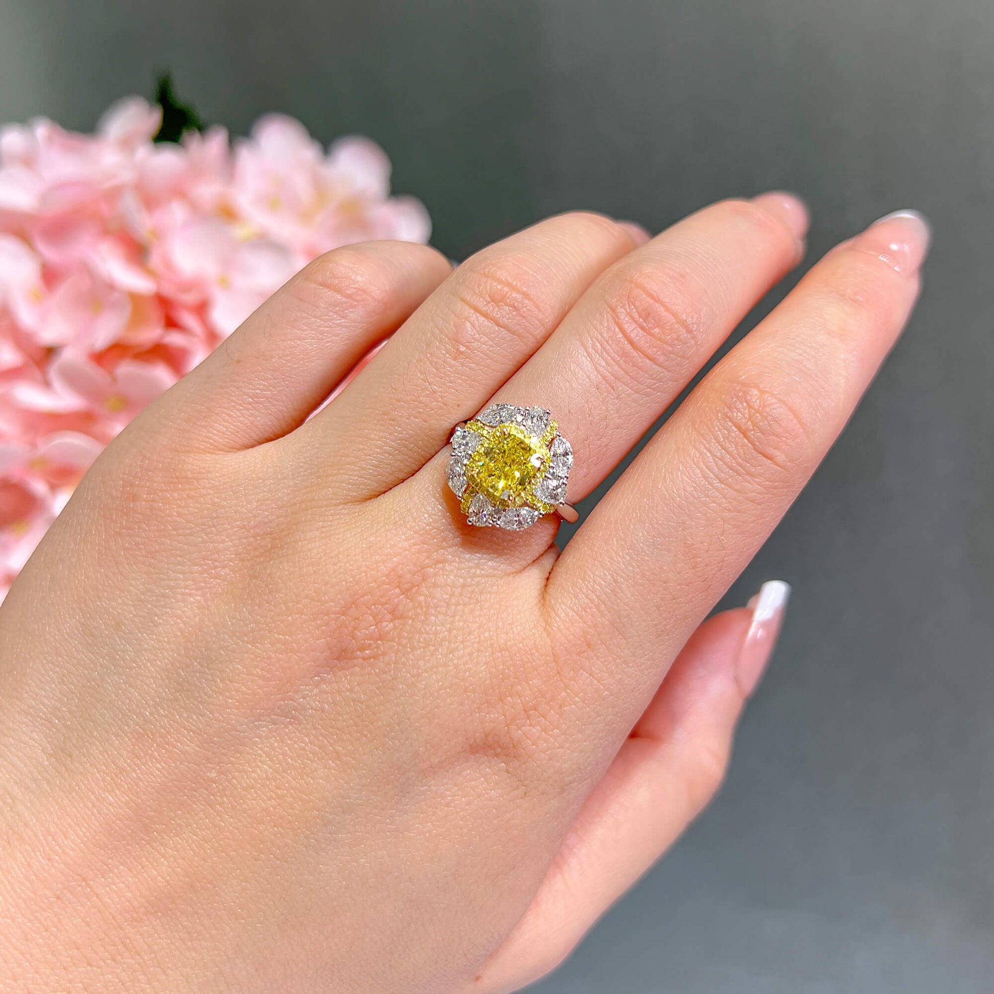 Natural Fancy Vivid Yellow Diamond Halo Ring, 18K White & Yellow Gold, Cushion Shape, 3.31 Ct. TW