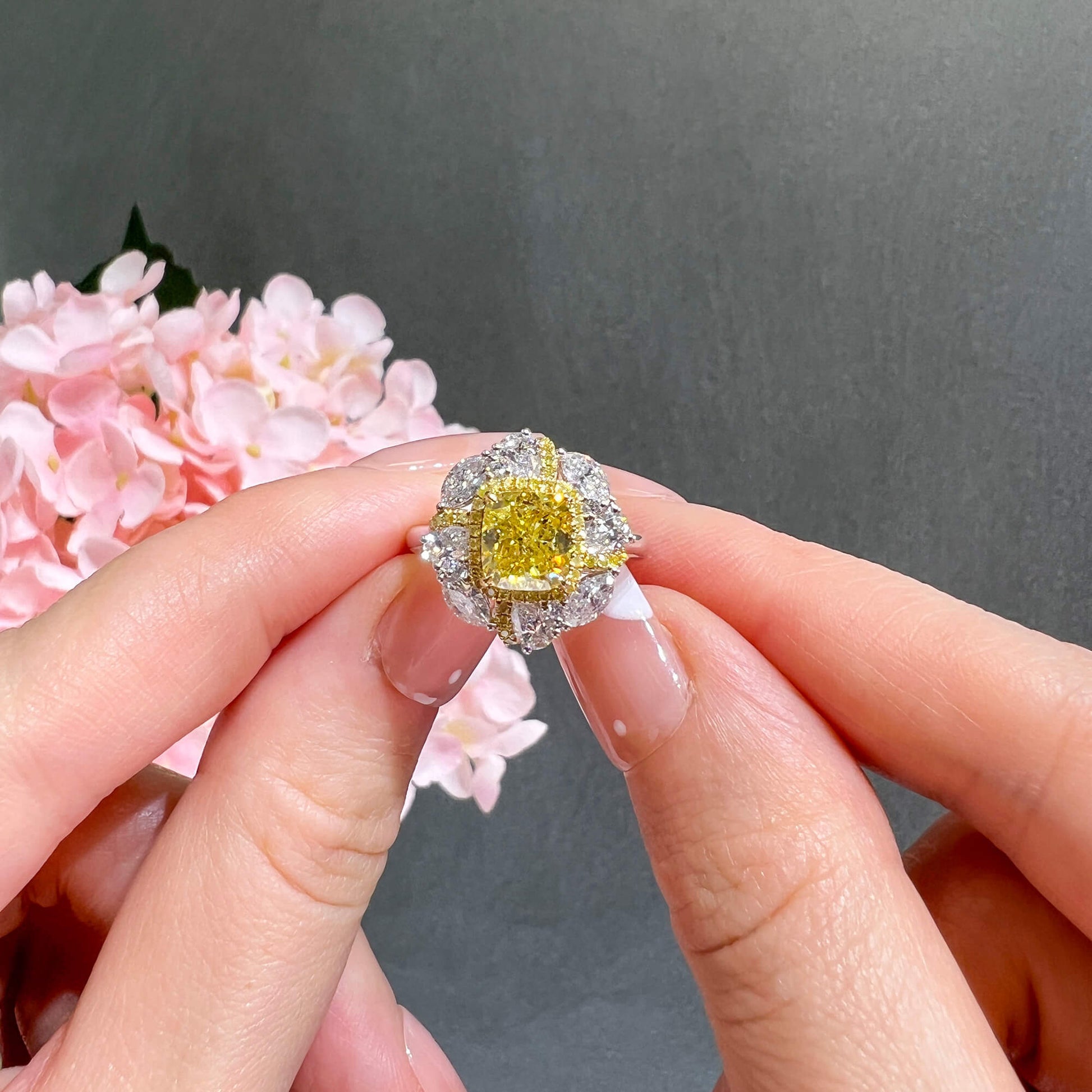 Natural Fancy Vivid Yellow Diamond Halo Ring, 18K White & Yellow Gold, Cushion Shape, 3.31 Ct. TW