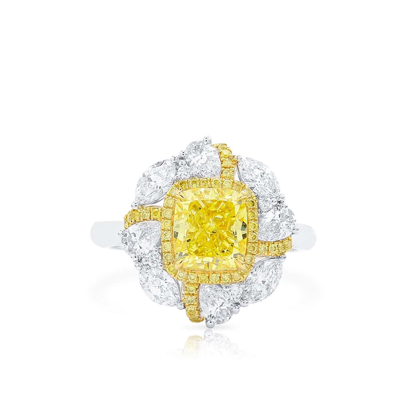 Natural Fancy Vivid Yellow Diamond Halo Ring, 18K White & Yellow Gold, Cushion Shape, 3.31 Ct. TW