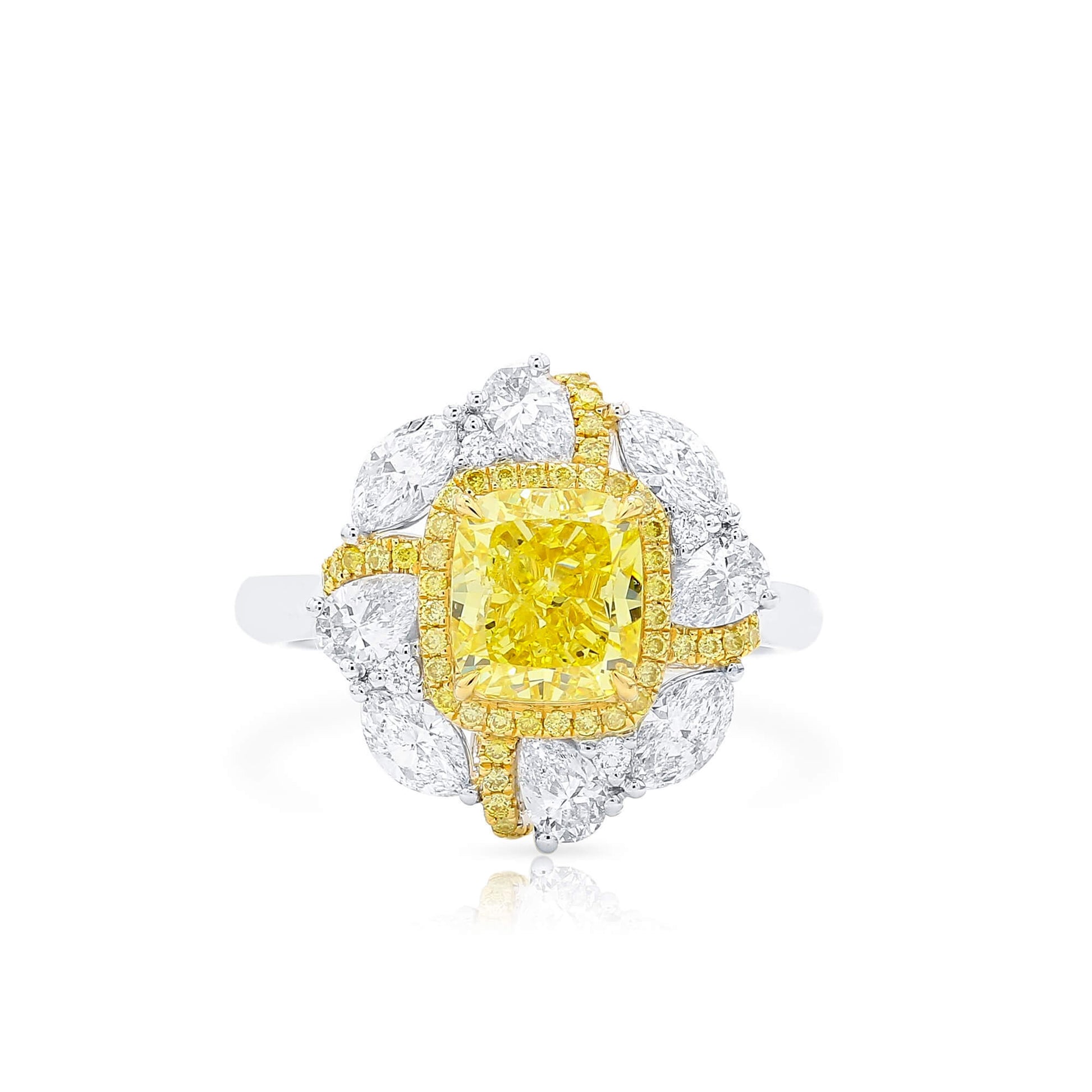Natural Fancy Vivid Yellow Diamond Halo Ring, 18K White & Yellow Gold, Cushion Shape, 3.31 Ct. TW
