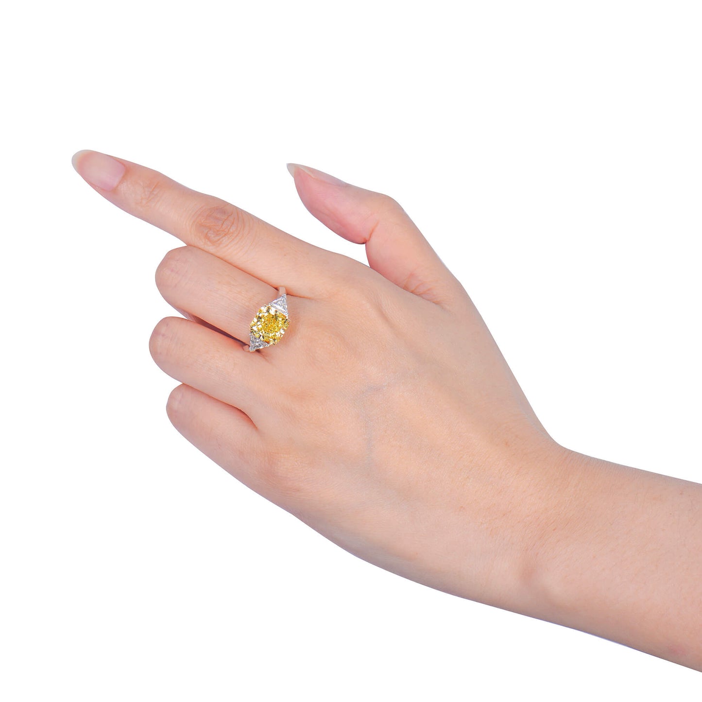 Natural Fancy Vivid Yellow Diamond Three Stone Ring, 18K White Gold, Radiant Shape, 6.05 Ct. TW