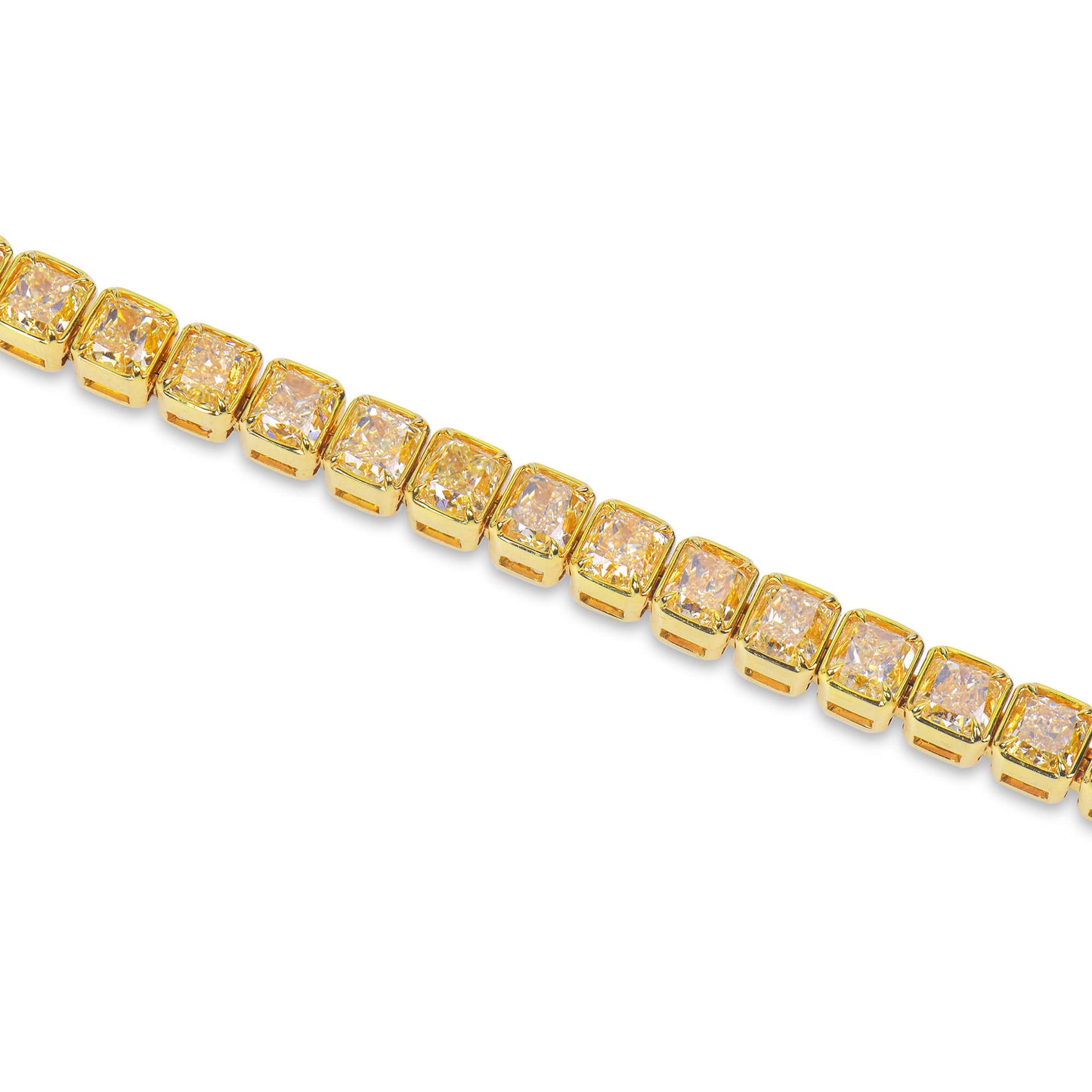 Natural Fancy Yellow Diamond Tennis Bracelet, 18K Yellow Gold, Radiant Shape, 27.80 Ct. TW