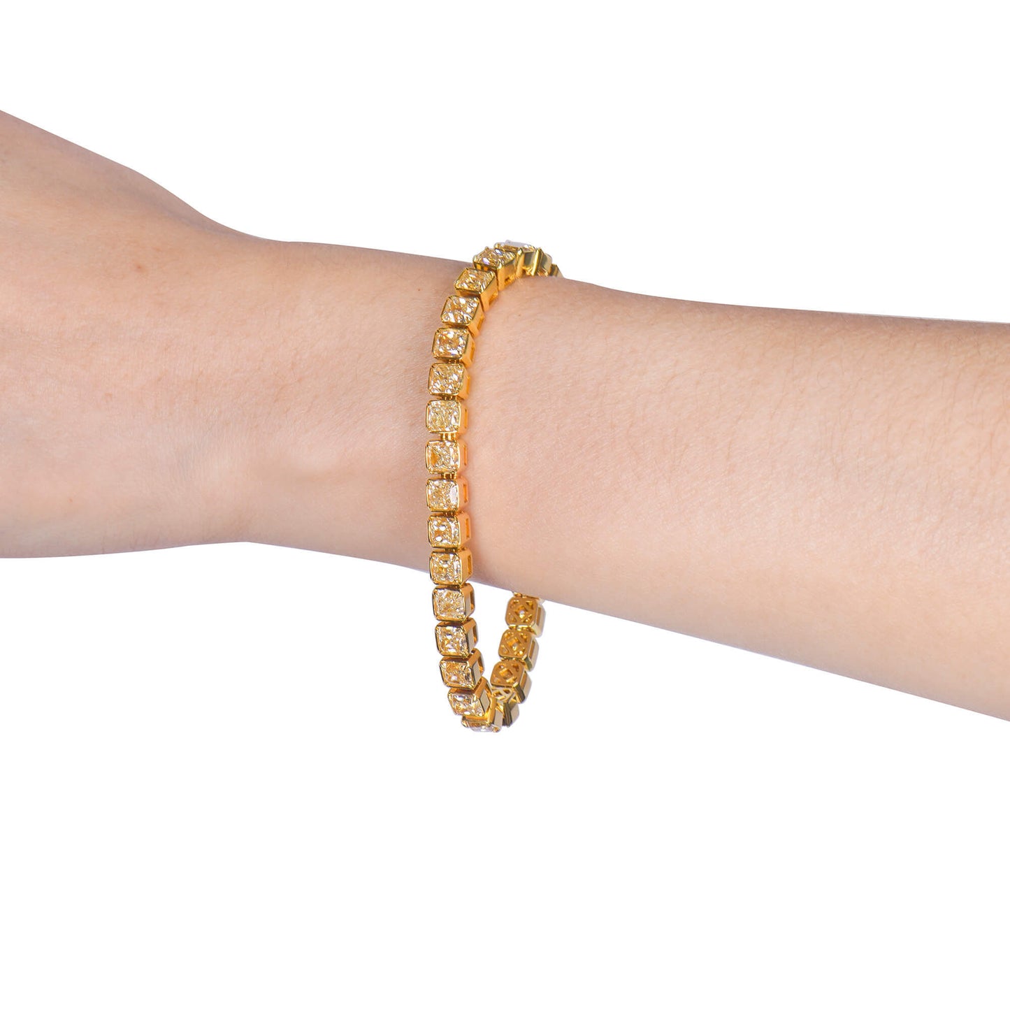 Natural Fancy Yellow Diamond Tennis Bracelet, 18K Yellow Gold, Radiant Shape, 27.80 Ct. TW