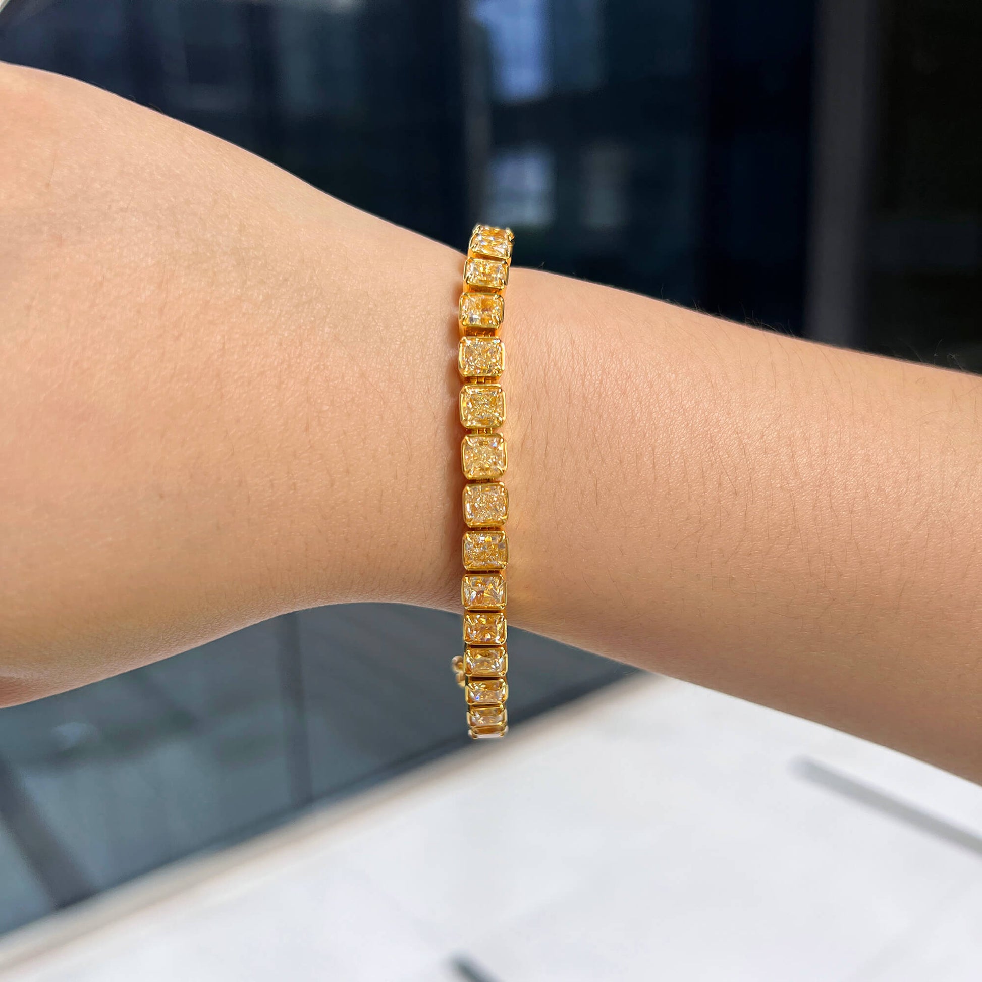 Natural Fancy Yellow Diamond Tennis Bracelet, 18K Yellow Gold, Radiant Shape, 27.80 Ct. TW