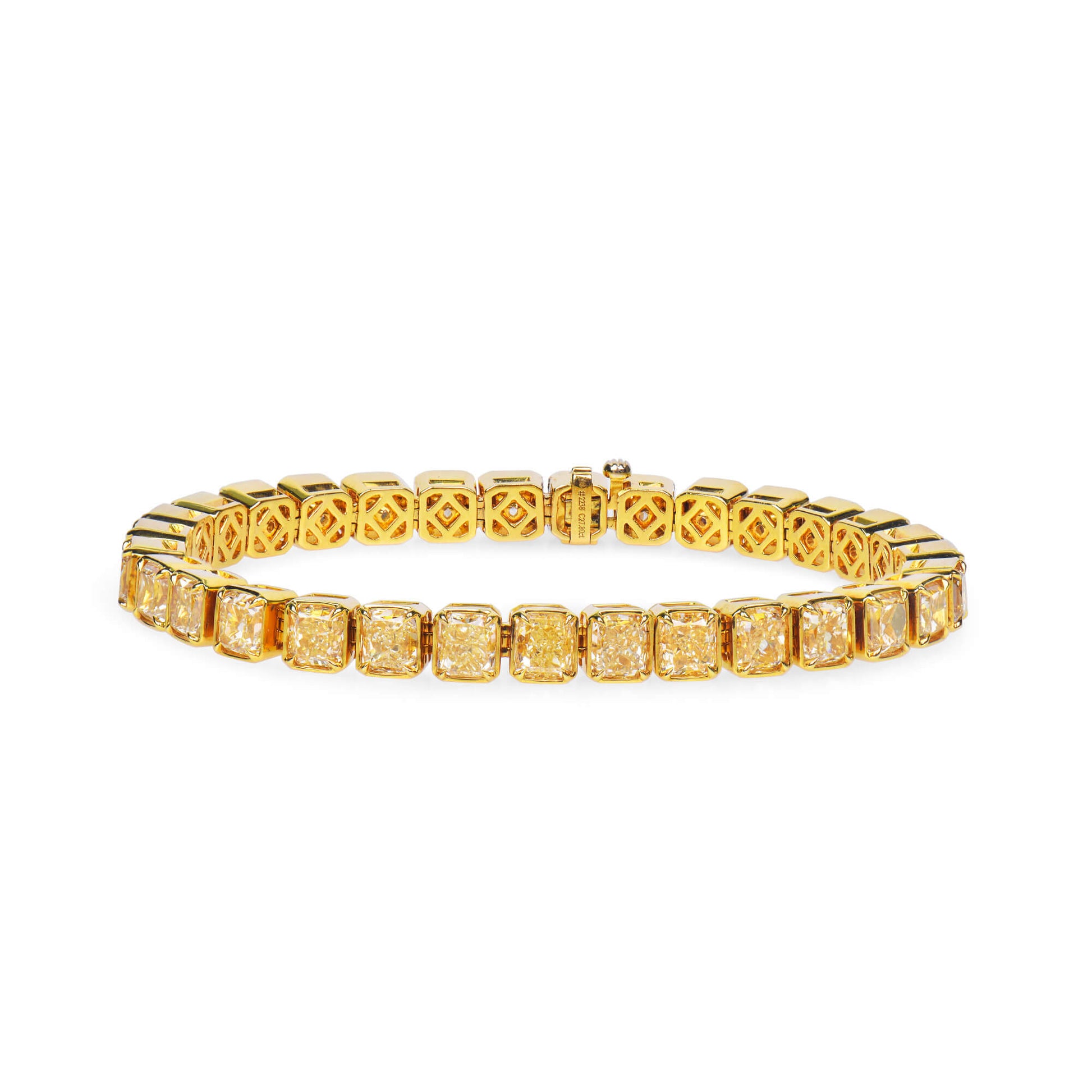 Natural Fancy Yellow Diamond Tennis Bracelet, 18K Yellow Gold, Radiant Shape, 27.80 Ct. TW