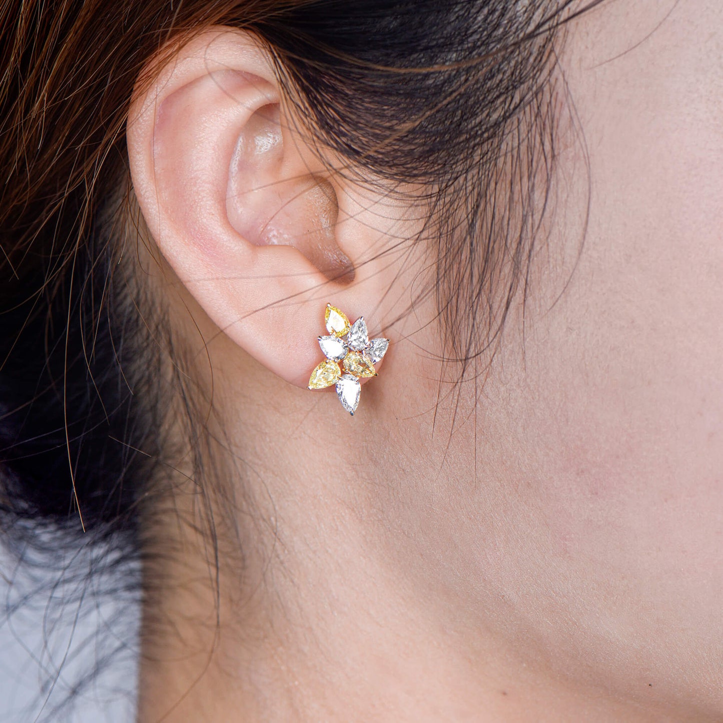 Natural Yellow & White Diamond Cluster Earrings, 18K White Gold, 4.0 Ct. TW, Pear shape