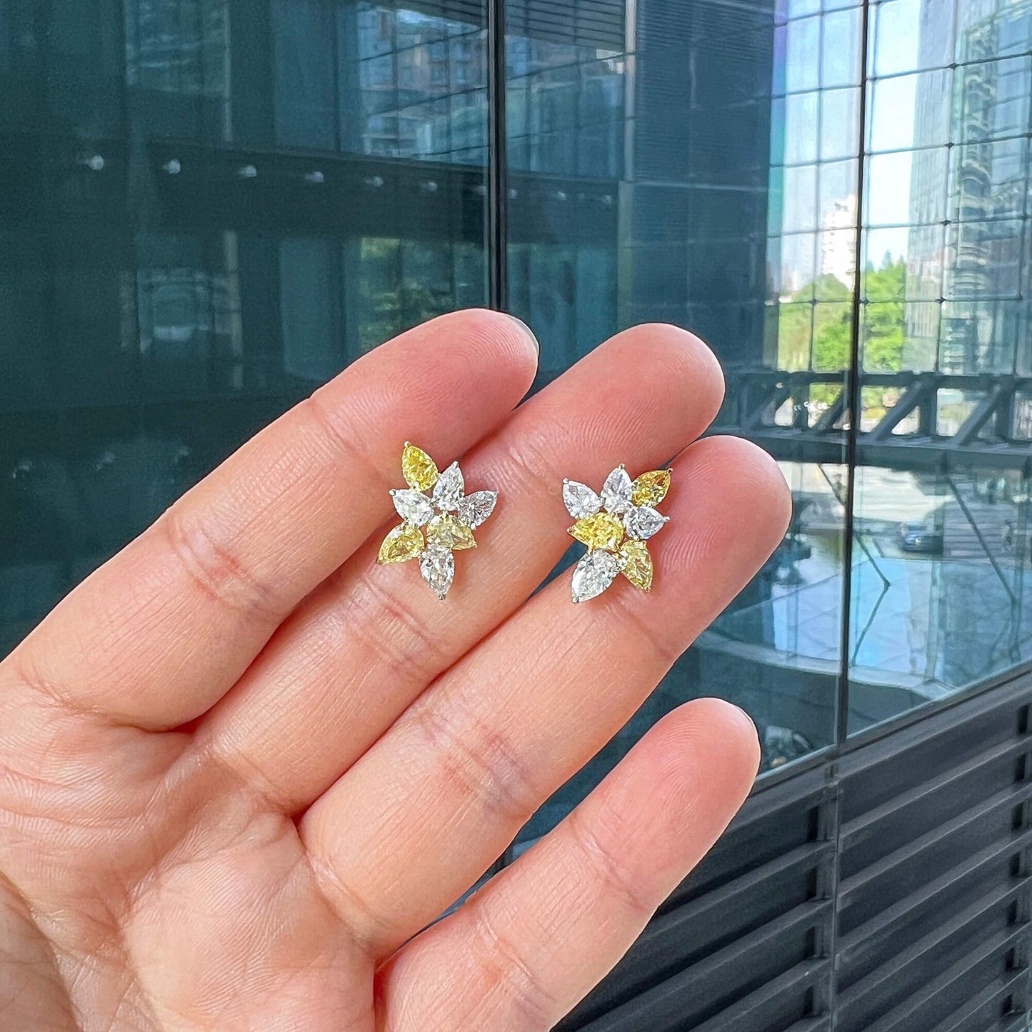 Natural Yellow & White Diamond Cluster Earrings, 18K White Gold, 4.0 Ct. TW, Pear shape