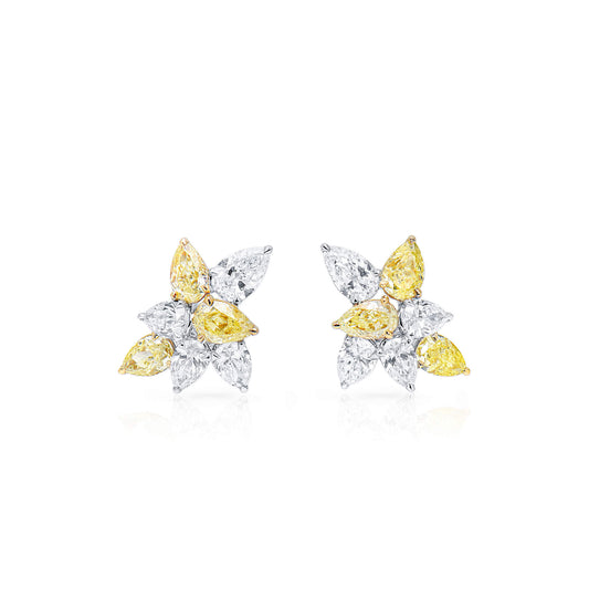 Natural Yellow & White Diamond Cluster Earrings, 18K White Gold, 4.0 Ct. TW, Pear shape