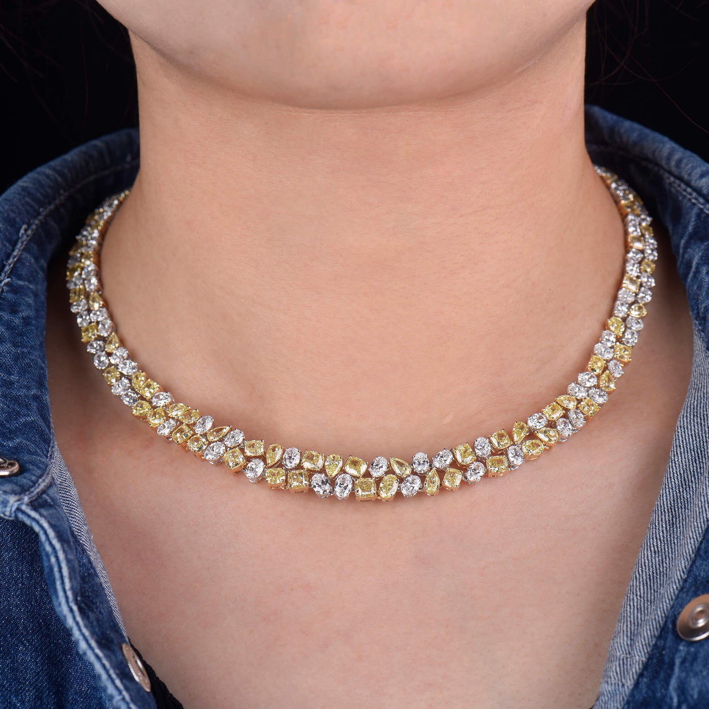 Fancy Yellow And White Diamond Necklace, 18K White Gold, 41.83 Ct. TW, Mix shape