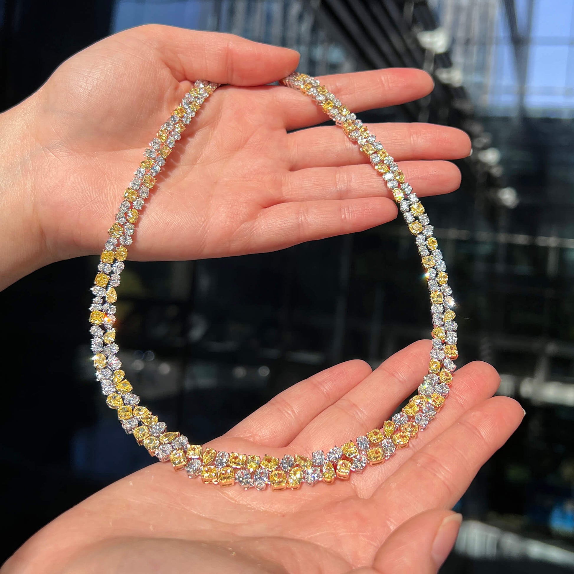 Fancy Yellow And White Diamond Necklace, 18K White Gold, 41.83 Ct. TW, Mix shape