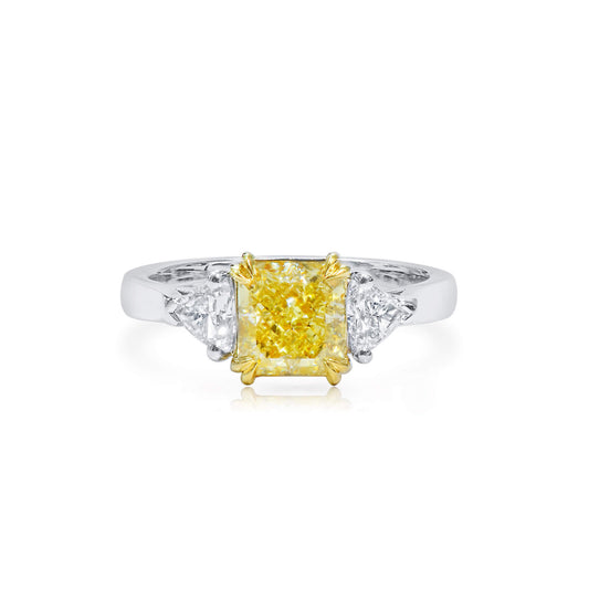 Natural Fancy Yellow Diamond Three Stone Ring, Radiant Shape, 2.04 Ct. TW
