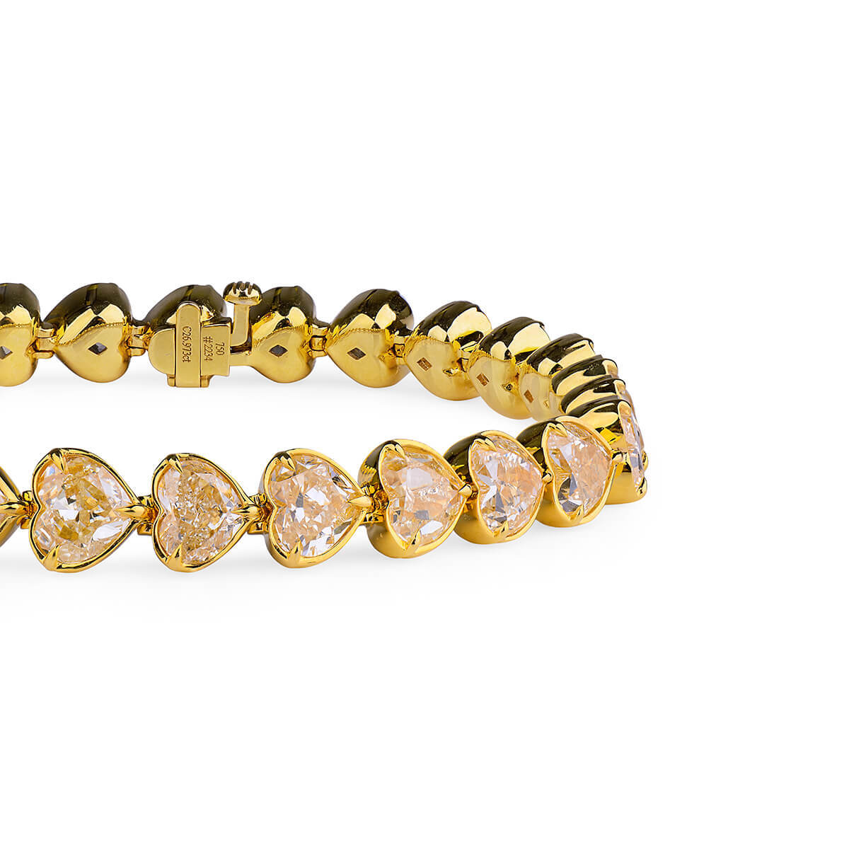 Natural Fancy Yellow Diamond Tennis Bracelet, 18K Yellow Gold, Heart Shape, 26.97 Ct. TW