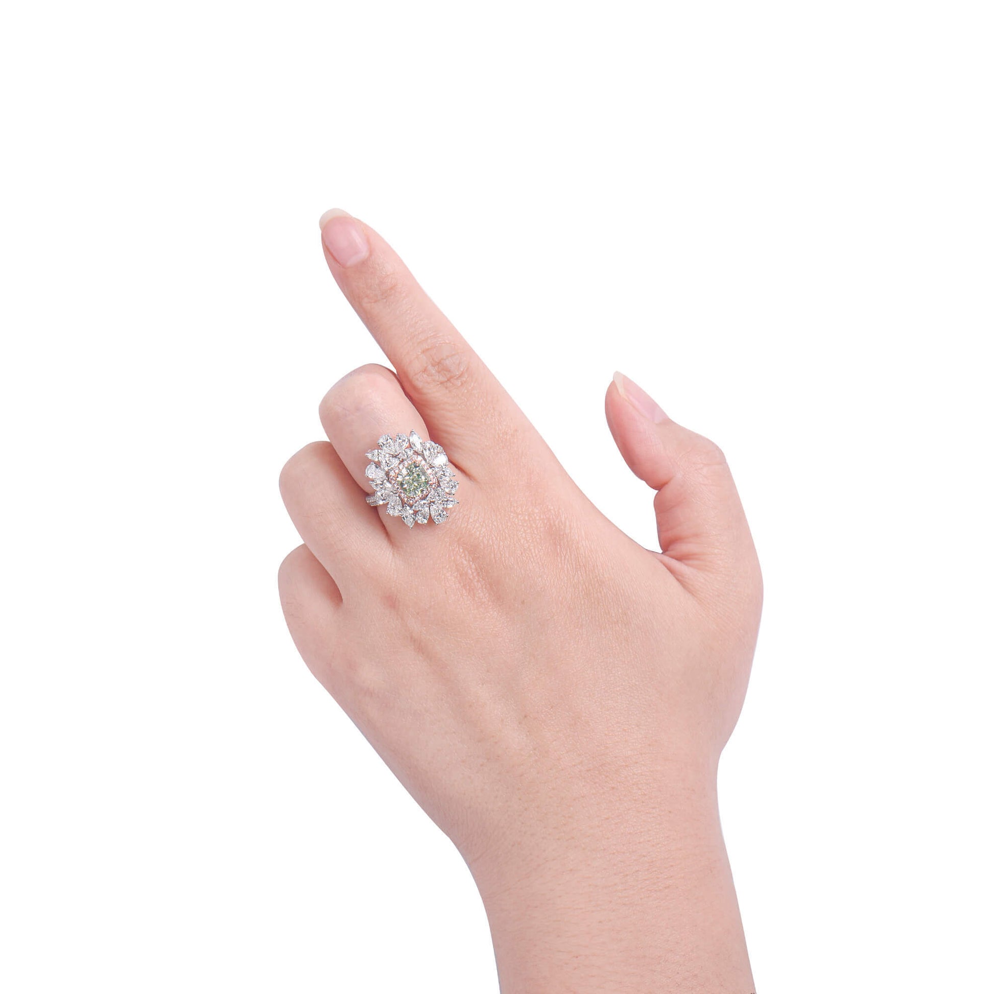 天然华丽黄绿色钻石戒指，18K白金，明亮形状，4.59克拉总重