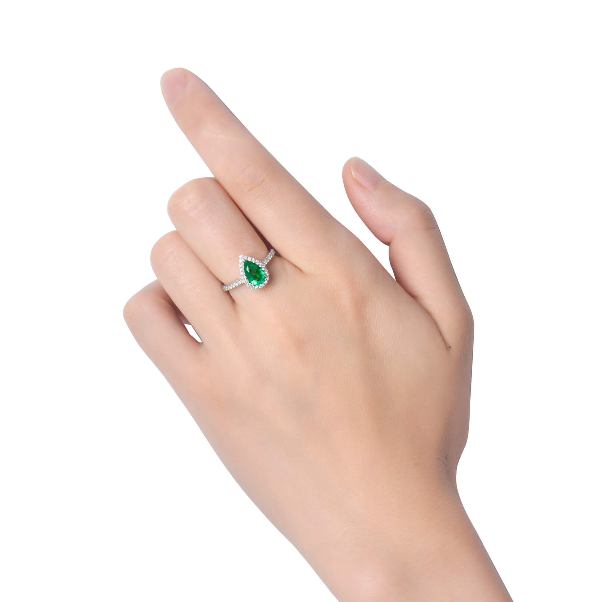 Natural Green Colombian Emerald Halo Ring, 18K White Gold, Pear Shape, 1.11 Ct. TW