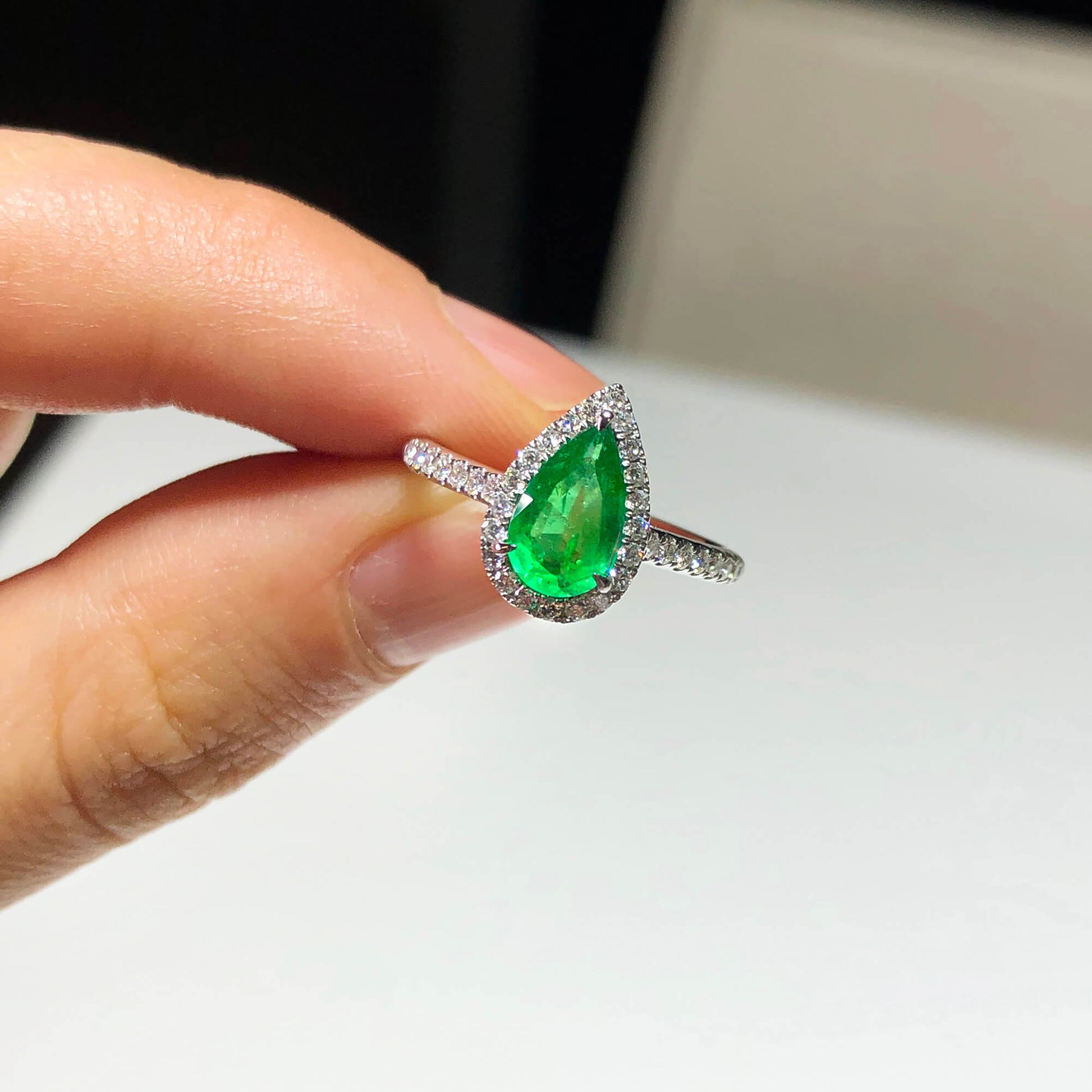 Natural Green Colombian Emerald Halo Ring, 18K White Gold, Pear Shape, 1.11 Ct. TW
