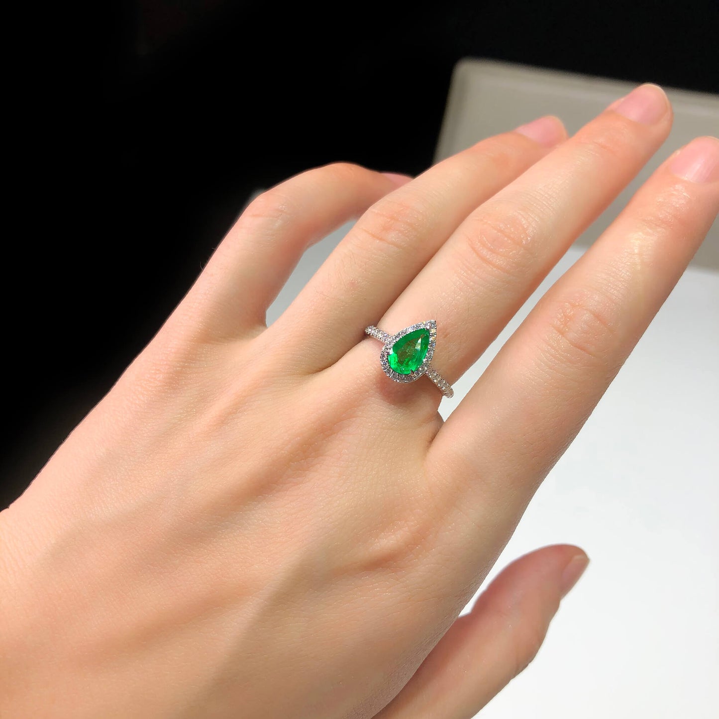 Natural Green Colombian Emerald Halo Ring, 18K White Gold, Pear Shape, 1.11 Ct. TW