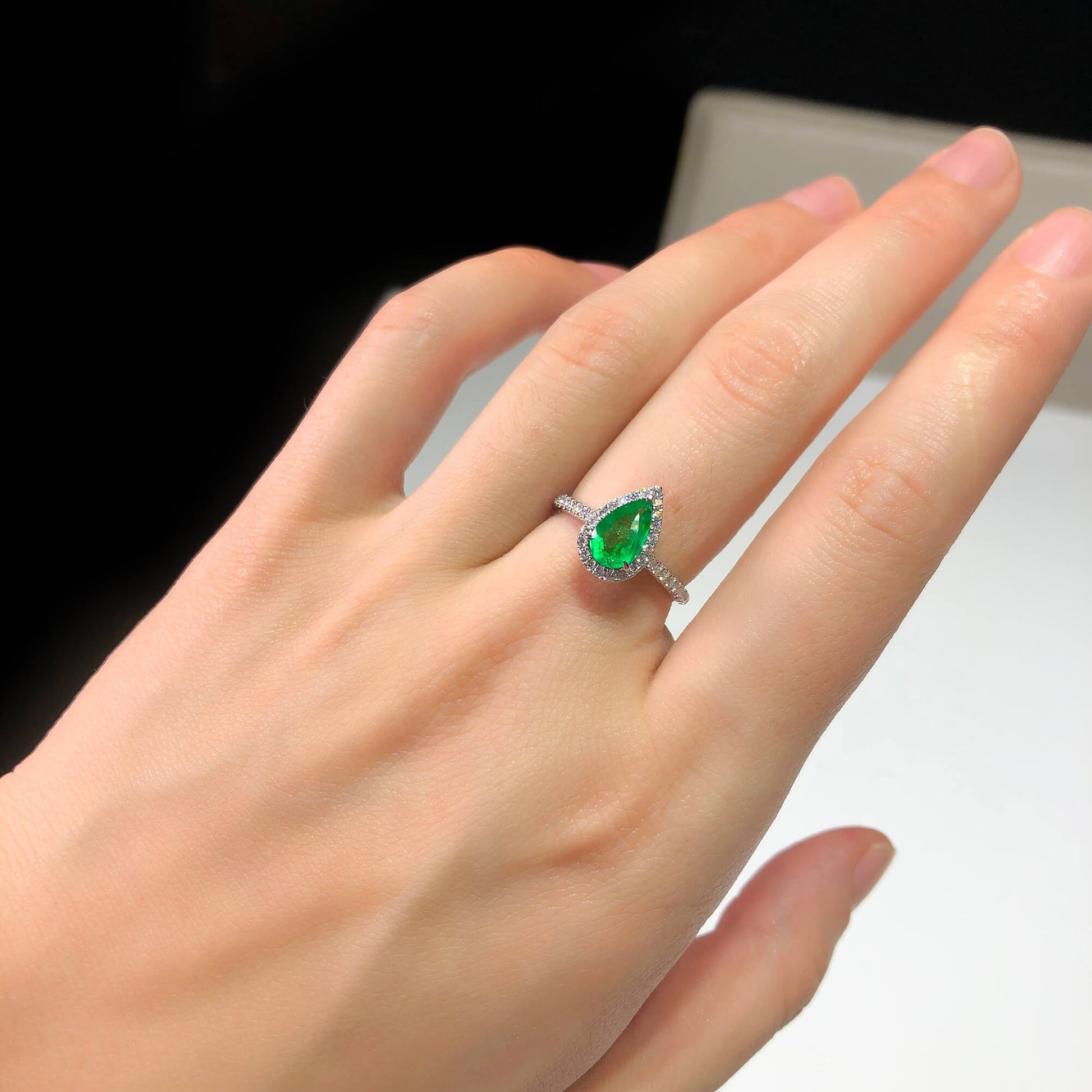 Natural Green Colombian Emerald Halo Ring, 18K White Gold, Pear Shape, 1.11 Ct. TW