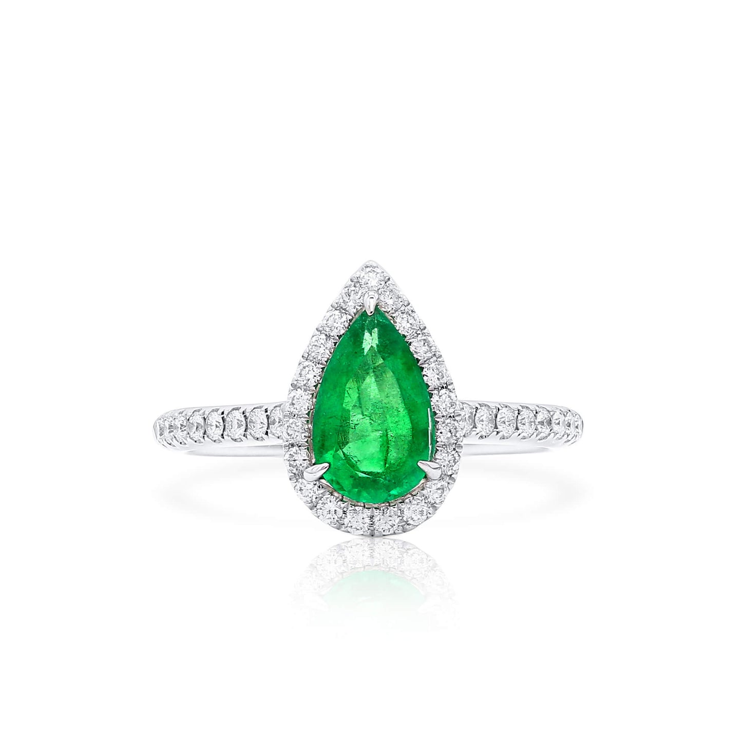 Natural Green Colombian Emerald Halo Ring, 18K White Gold, Pear Shape, 1.11 Ct. TW