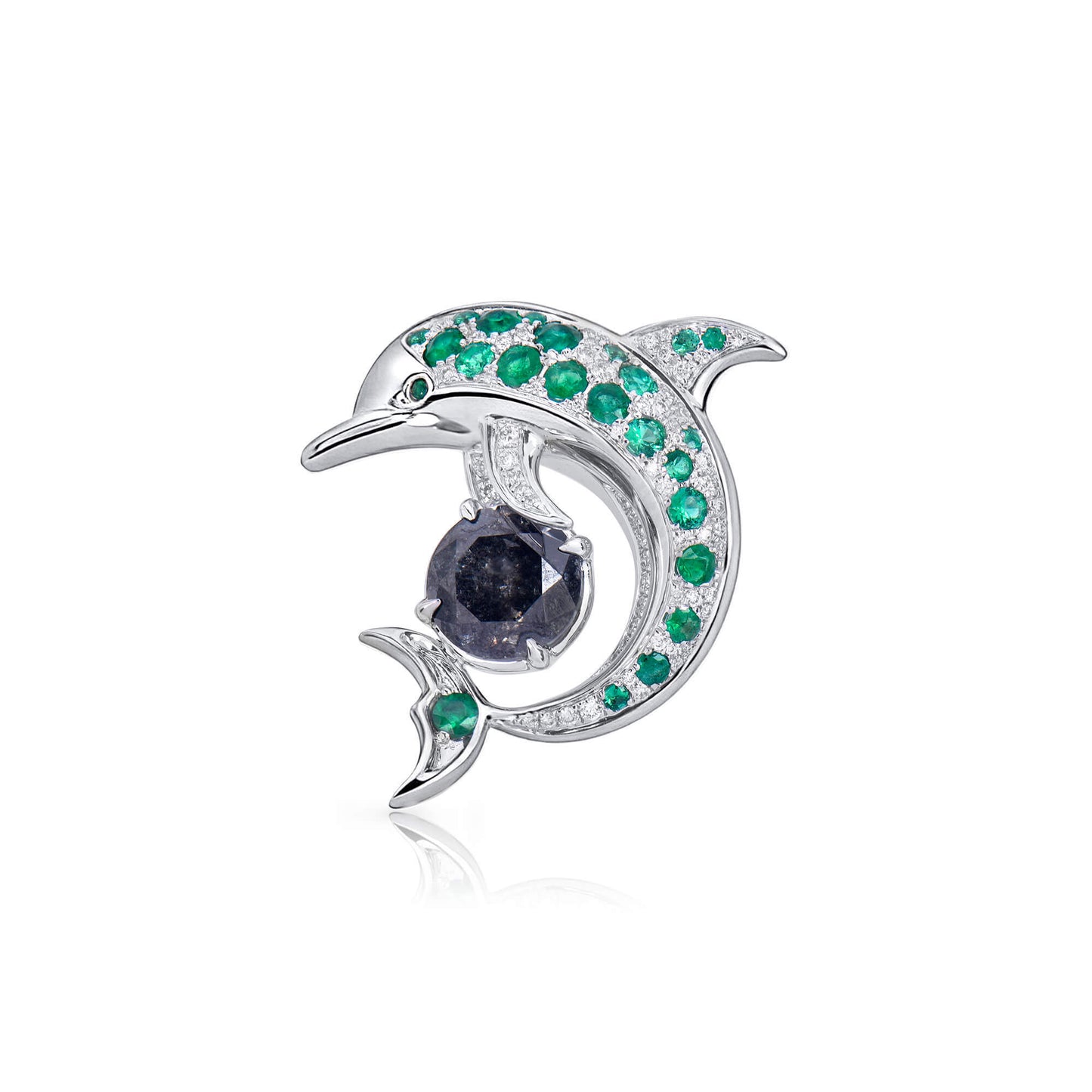 Natural Emerald And Diamond Dolphin Brooch, 14K White Gold, 1.99 Ct. TW
