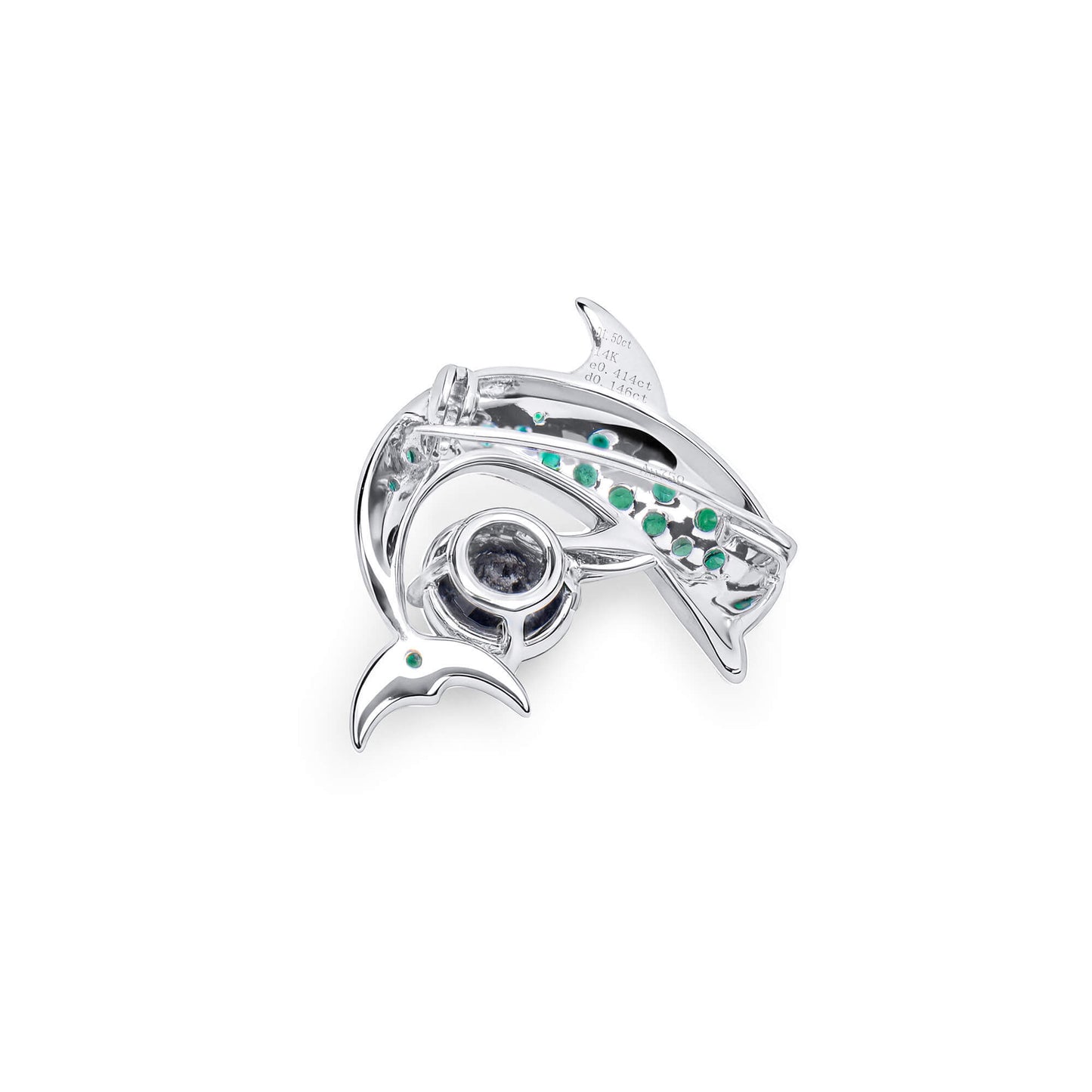 Natural Emerald And Diamond Dolphin Brooch, 14K White Gold, 1.99 Ct. TW