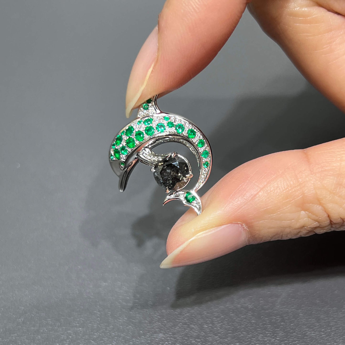 Natural Emerald And Diamond Dolphin Brooch, 14K White Gold, 1.99 Ct. TW