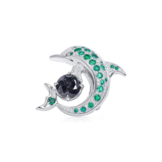 Natural Emerald And Diamond Dolphin Brooch, 14K White Gold, 1.99 Ct. TW