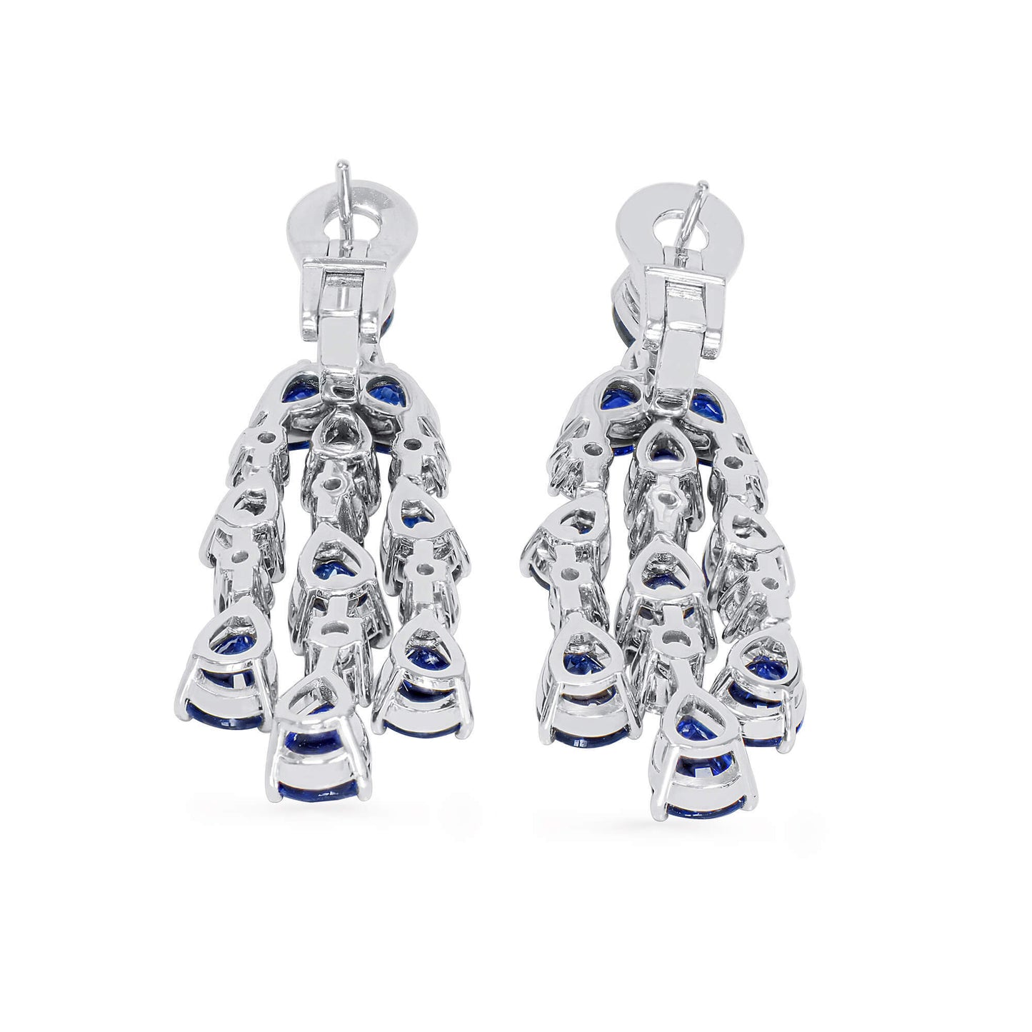 Natural Diamond and Blue Sapphire Chandelier Earrings, 18K White Gold, Pear Shape, 15.80 Ct. TW