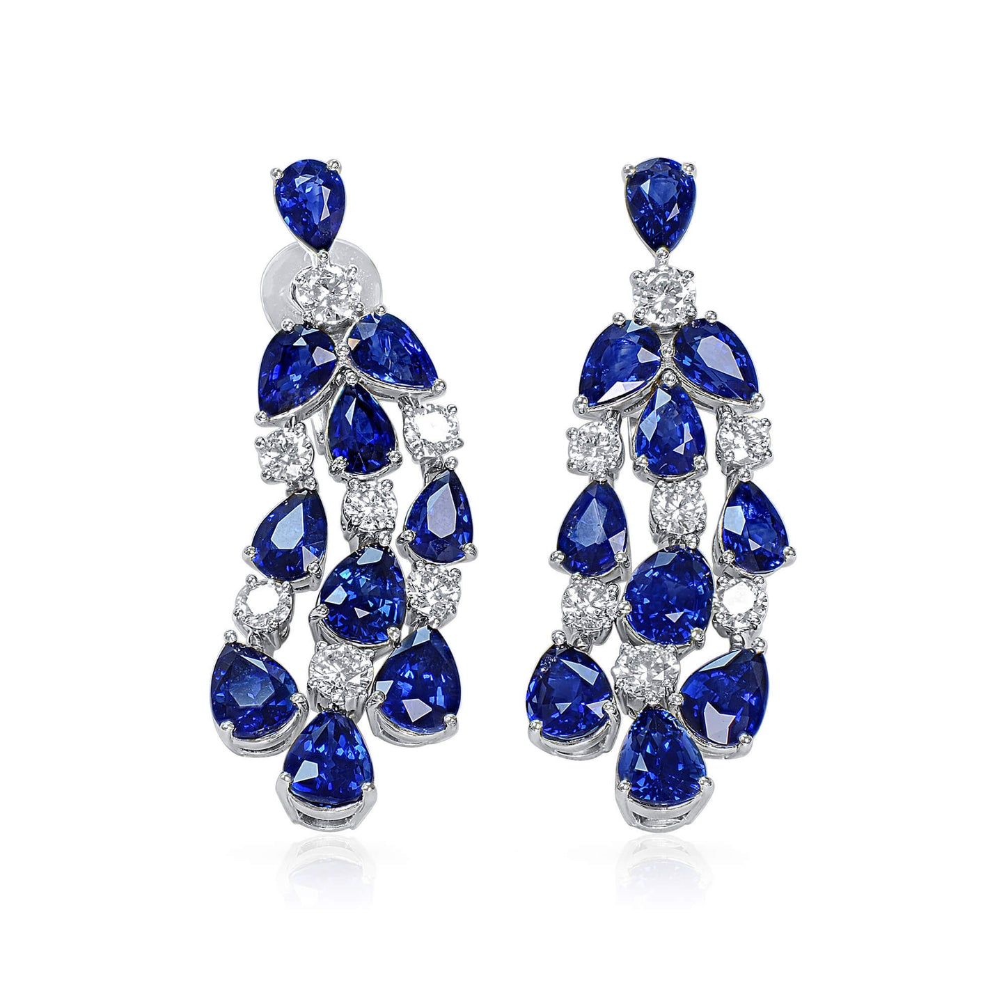 Natural Diamond and Blue Sapphire Chandelier Earrings, 18K White Gold, Pear Shape, 15.80 Ct. TW