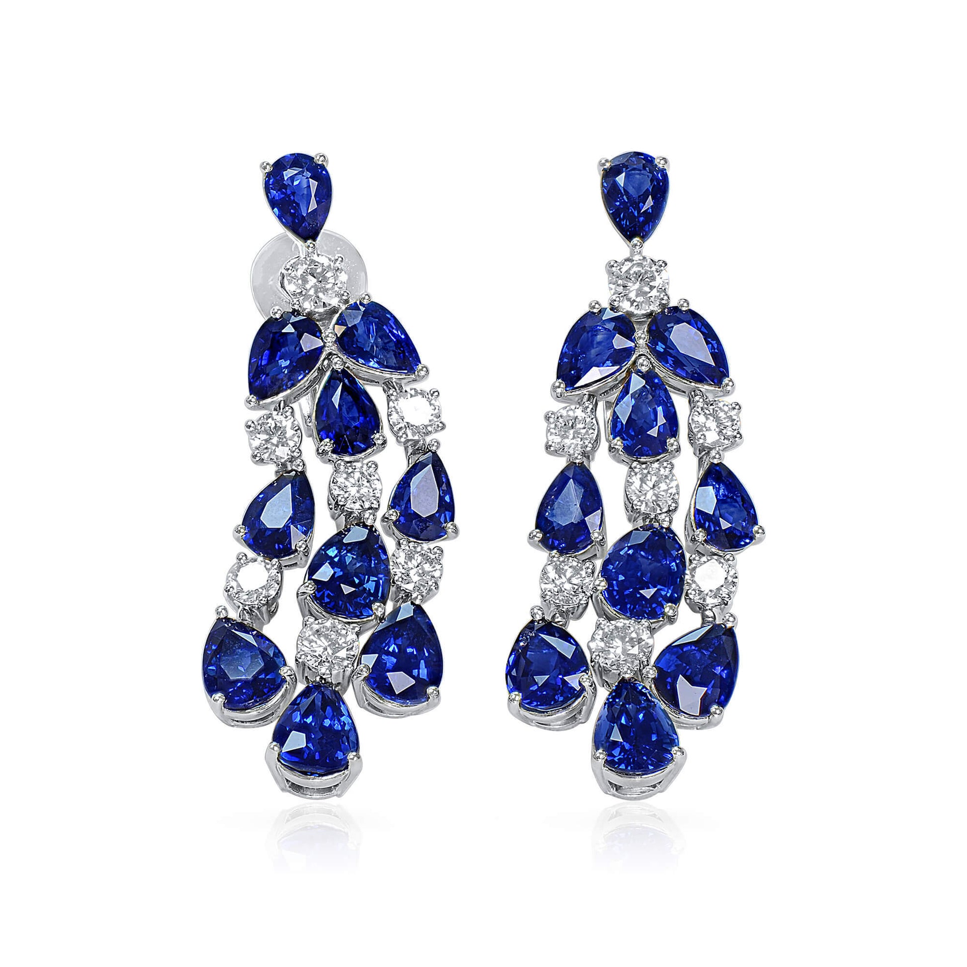 Natural Diamond and Blue Sapphire Chandelier Earrings, 18K White Gold, Pear Shape, 15.80 Ct. TW