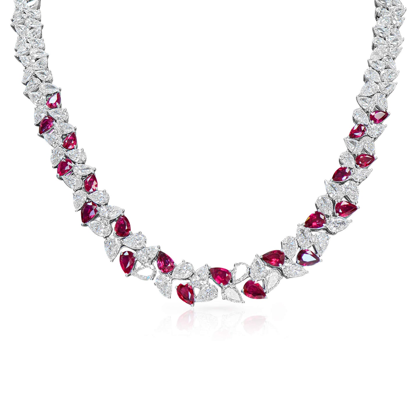 Natural Diamond and Red Ruby Necklace, 18K White Gold, Pear Shape, 55.27 Ct. TW