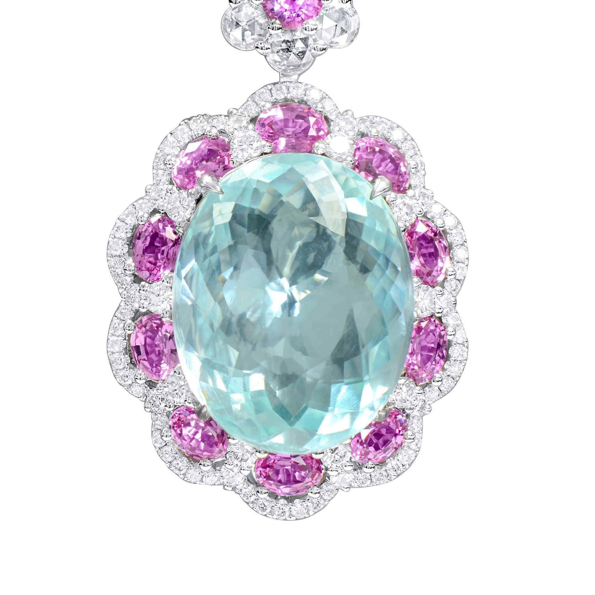 Natural Greenish Blue Paraiba Necklace, 18K White Gold, Oval Shape, 23.96 Ct. TW
