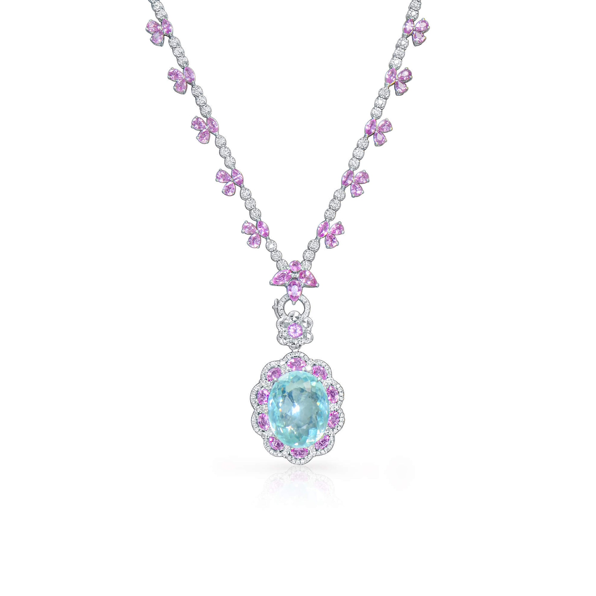 Natural Greenish Blue Paraiba Necklace, 18K White Gold, Oval Shape, 23.96 Ct. TW