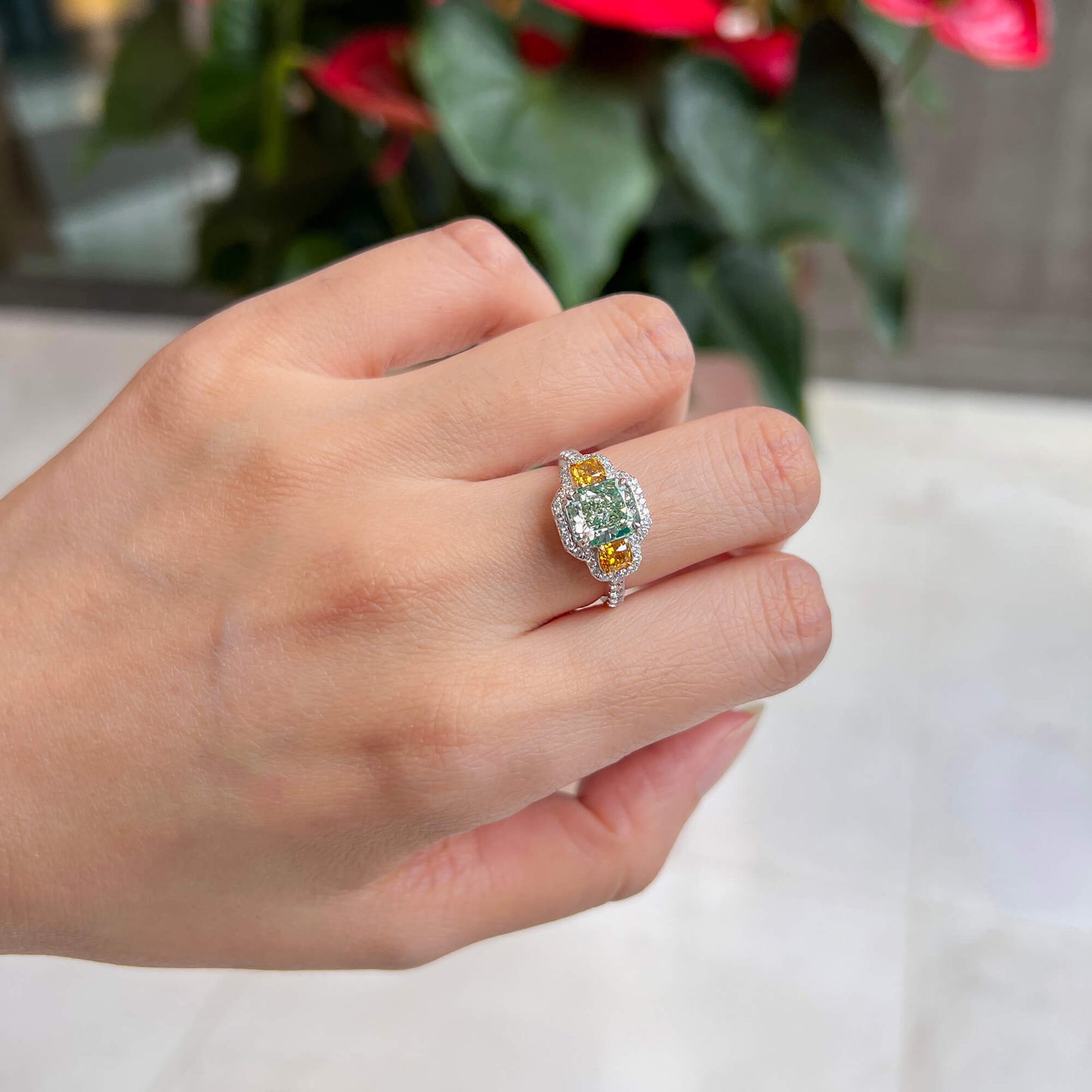 Natural Green and Yellow Diamond Ring, 18K White Gold, Radiant Shape, 2.98 Ct. TW