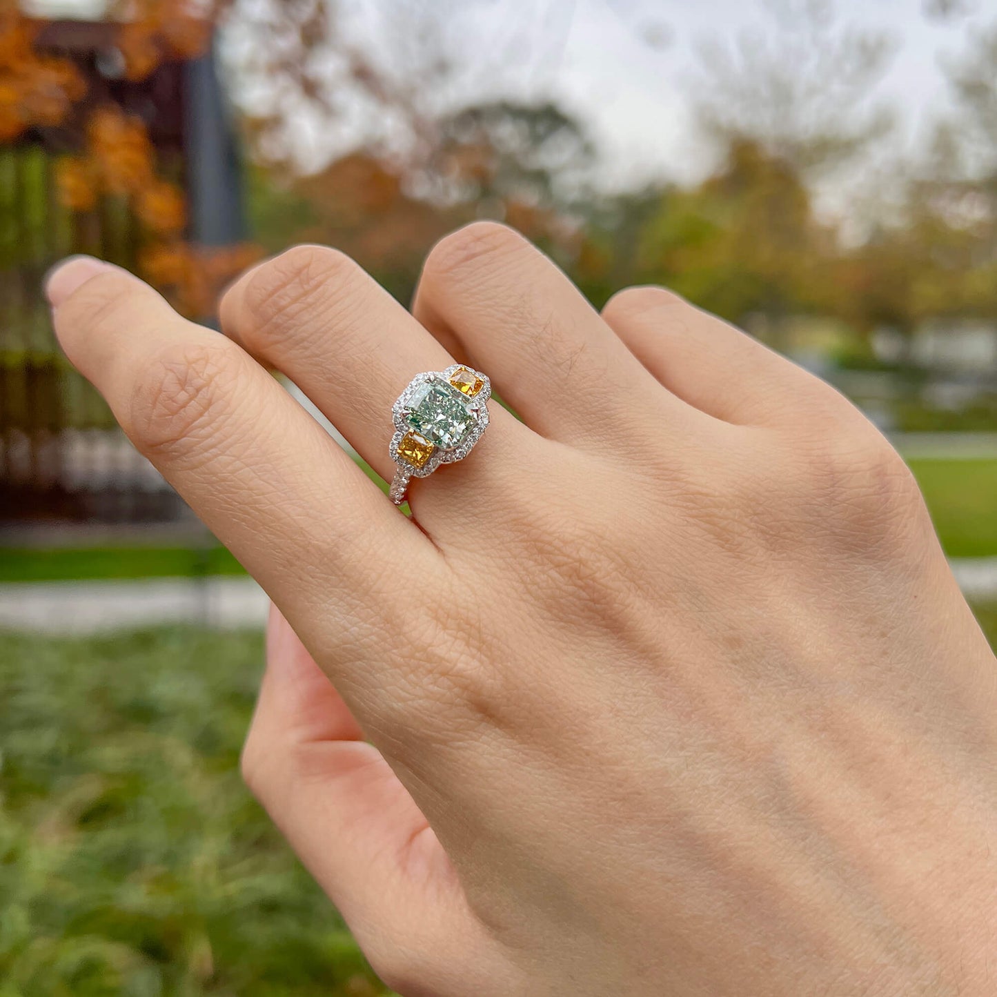 Natural Green and Yellow Diamond Ring, 18K White Gold, Radiant Shape, 2.98 Ct. TW