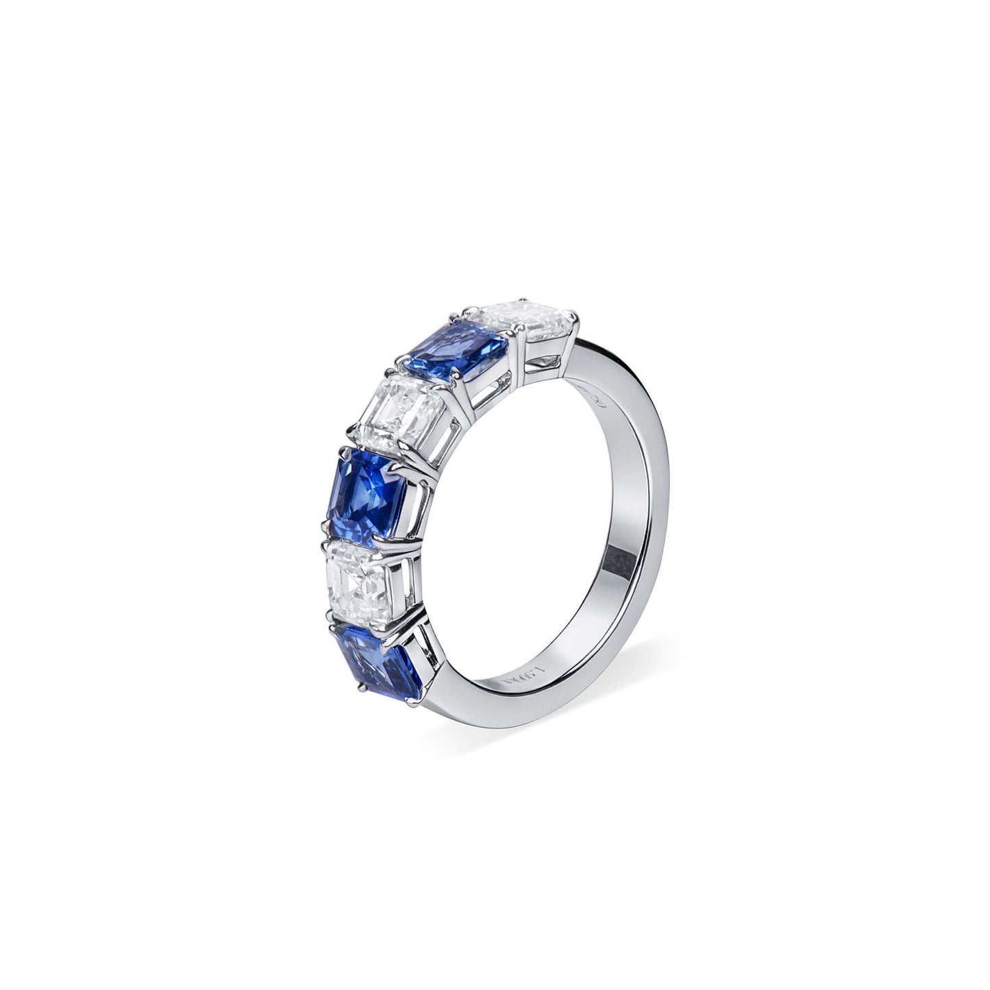 Natural Diamond And Sapphire Half Eternity Ring, 18K White Gold, Asscher Cut, 3.13 Ct. TW