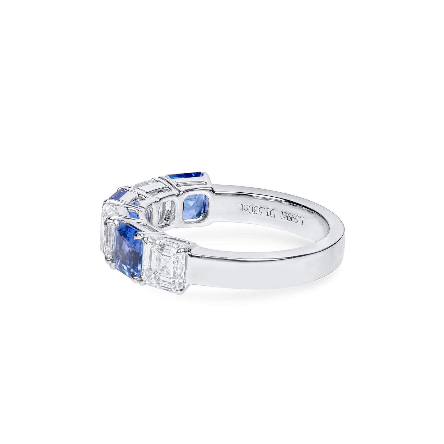Natural Diamond And Sapphire Half Eternity Ring, 18K White Gold, Asscher Cut, 3.13 Ct. TW