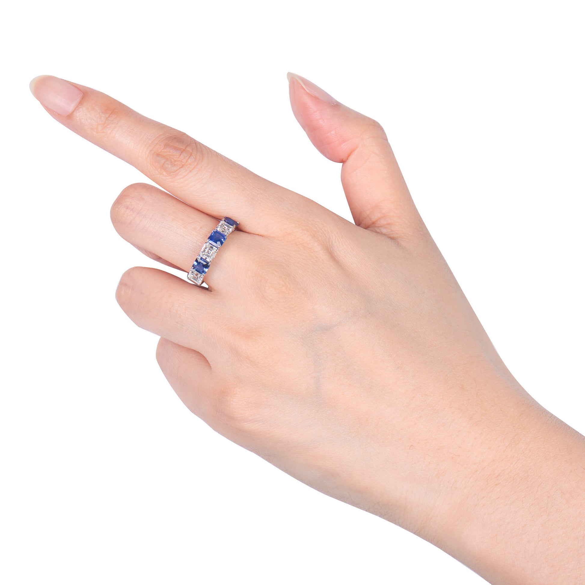 Natural Diamond And Sapphire Half Eternity Ring, 18K White Gold, Asscher Cut, 3.13 Ct. TW