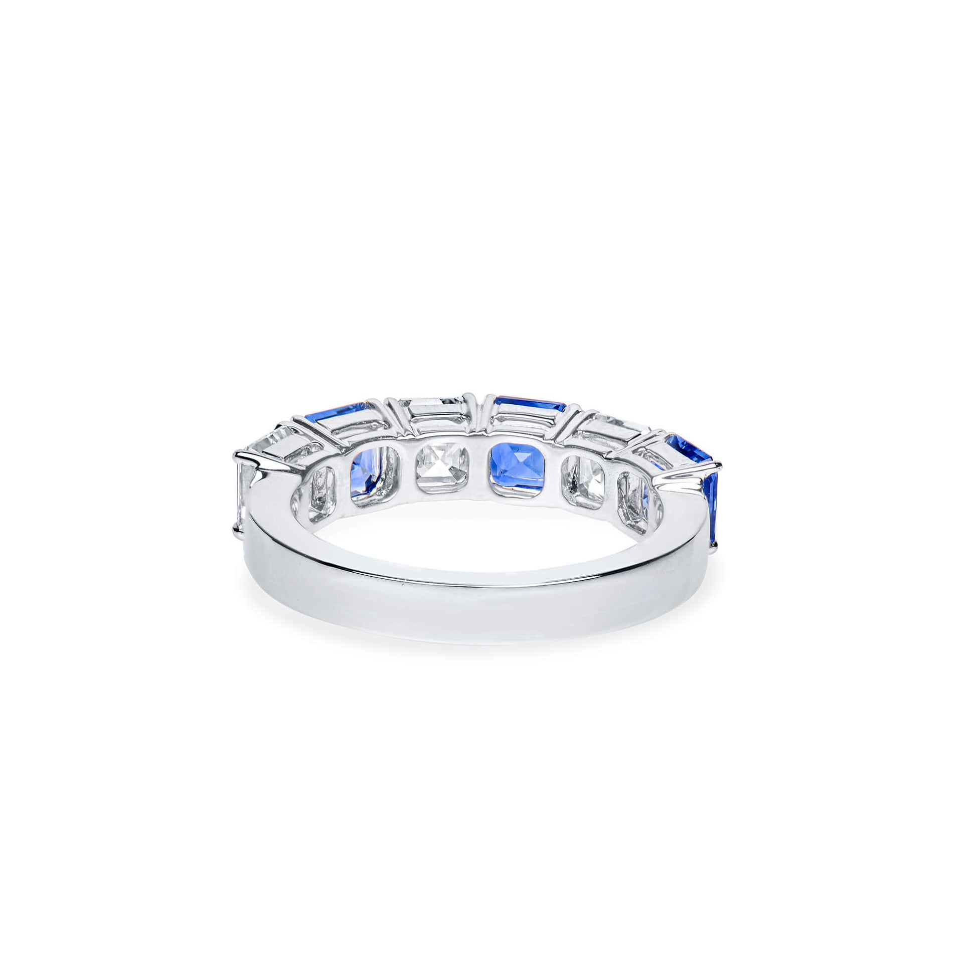 Natural Diamond And Sapphire Half Eternity Ring, 18K White Gold, Asscher Cut, 3.13 Ct. TW