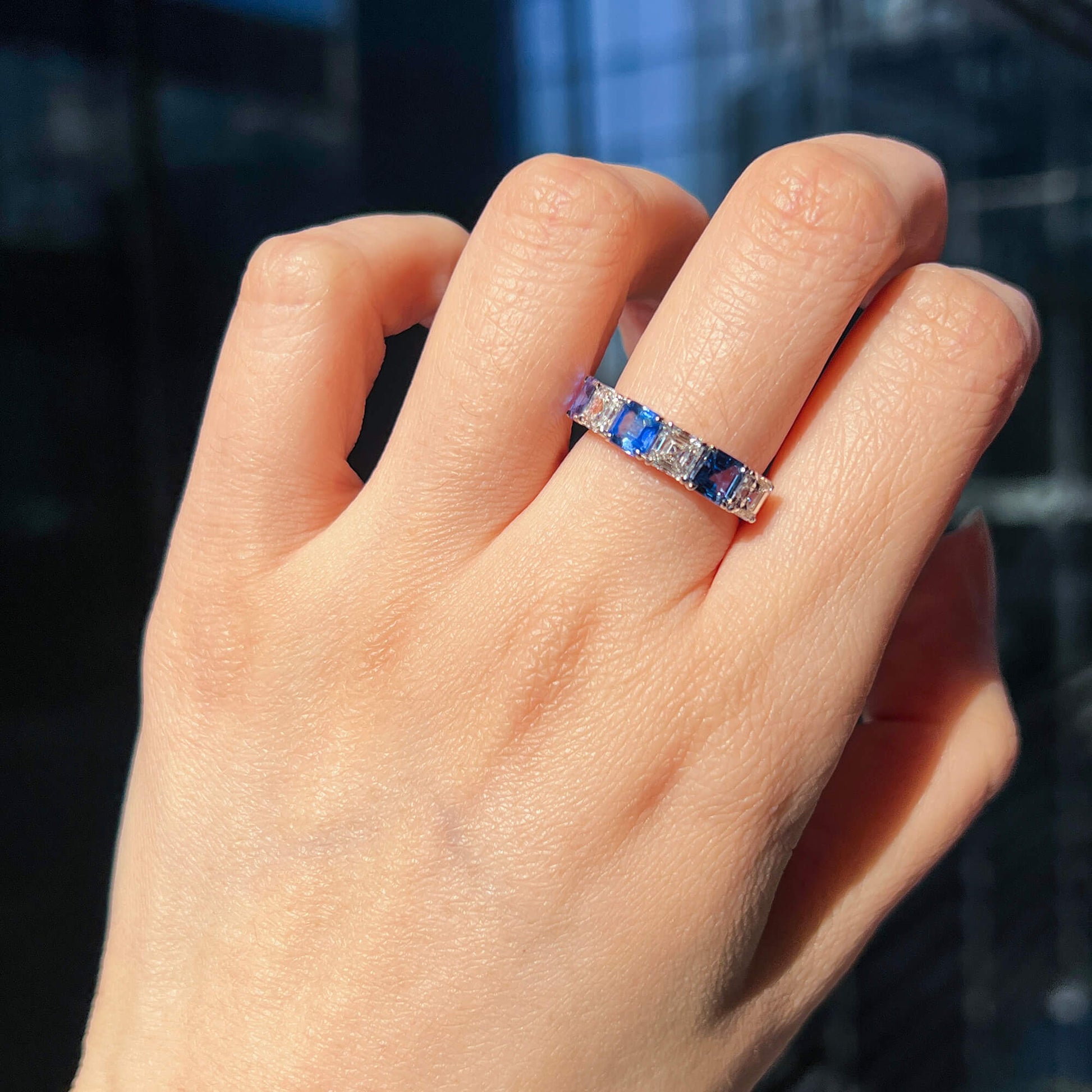 Natural Diamond And Sapphire Half Eternity Ring, 18K White Gold, Asscher Cut, 3.13 Ct. TW