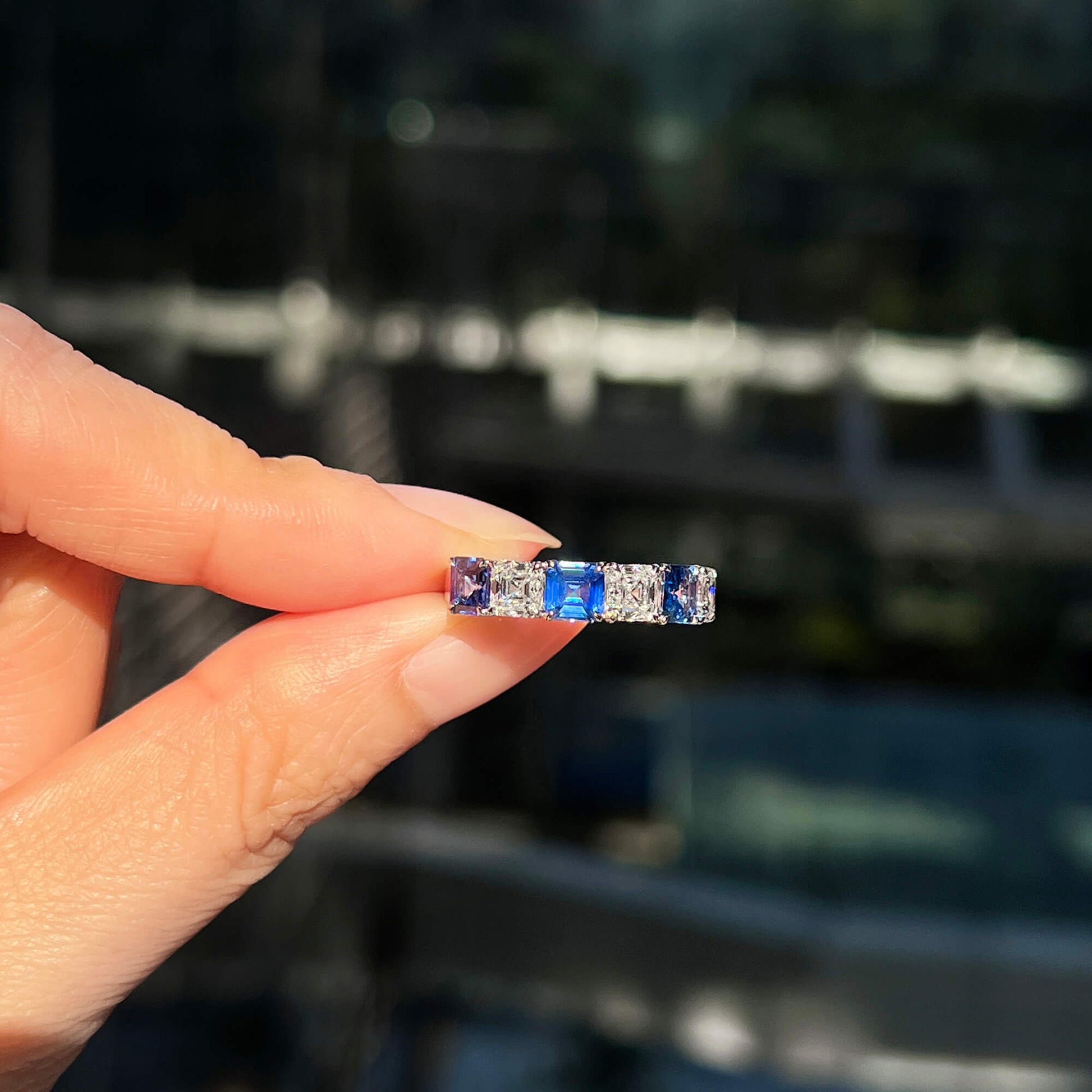 Natural Diamond And Sapphire Half Eternity Ring, 18K White Gold, Asscher Cut, 3.13 Ct. TW