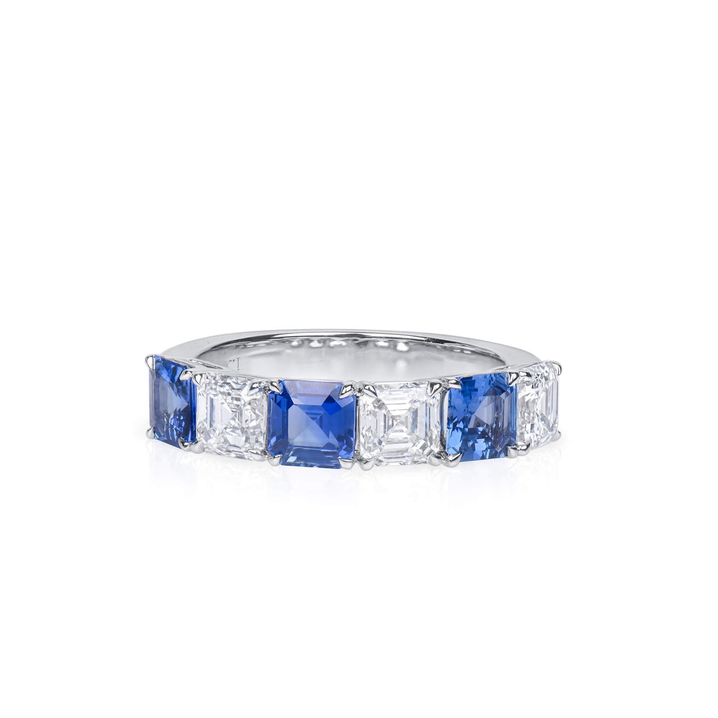 Natural Diamond & Sapphire Half Eternity Ring, 18K White Gold, Asscher Cut, 3.13 Ct. TW
