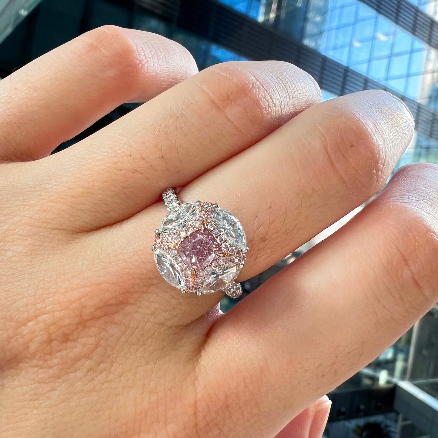 Natural Light Pink Diamond Ring, 18K White & Rose Gold, Cushion Shape, 2.38 Ct. TW