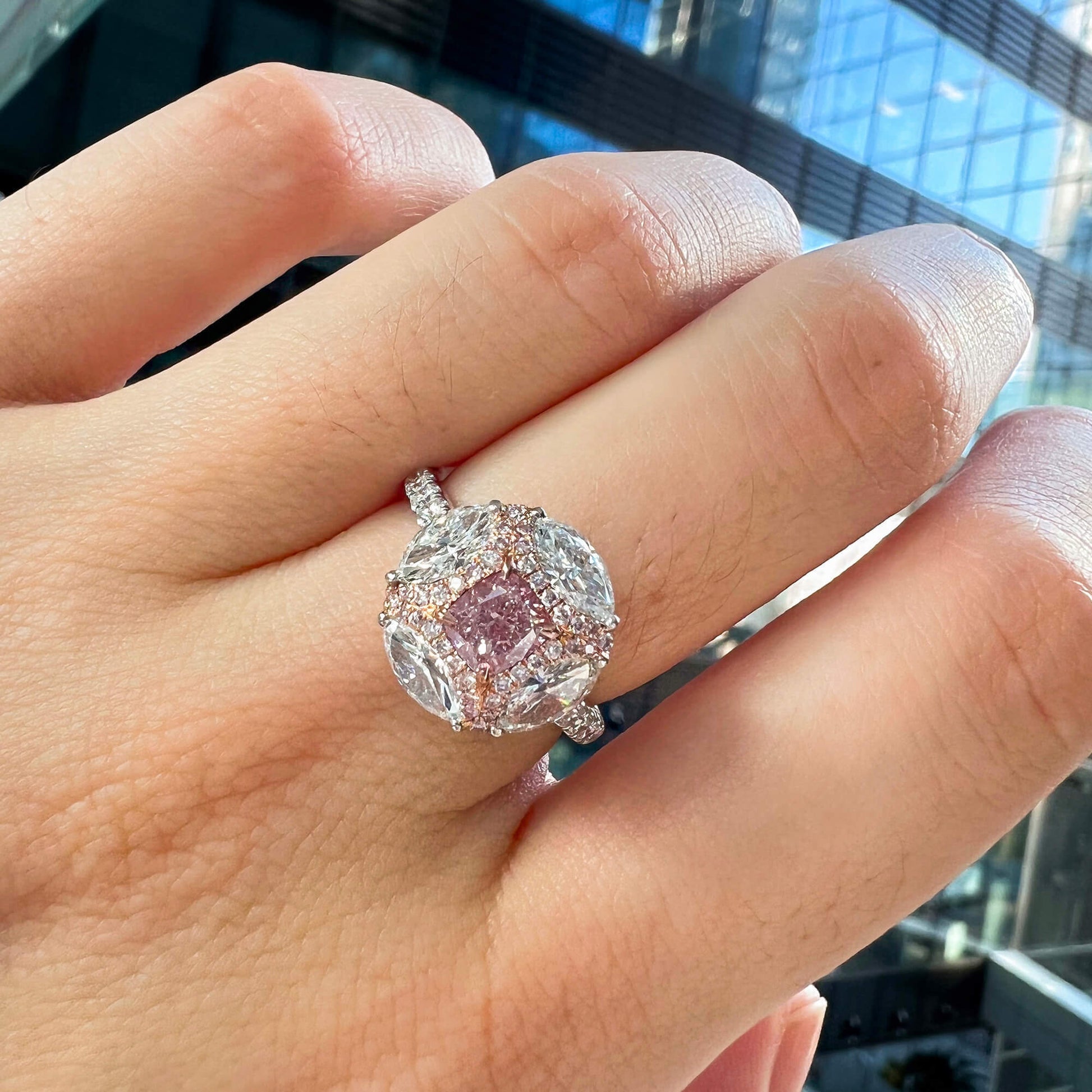 Natural Light Pink Diamond Ring, 18K White & Rose Gold, Cushion Shape, 2.38 Ct. TW