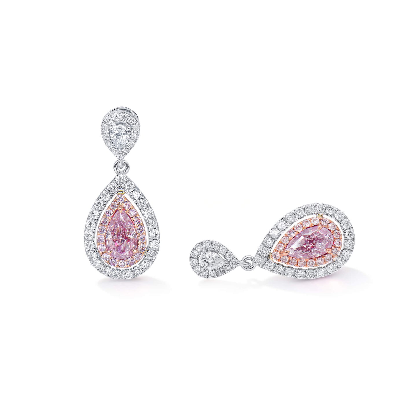 Natural Light Pink Diamond Drop Earrings, 18K White Yellow & Rose Gold, Pear Shape, 1.34 Ct. TW
