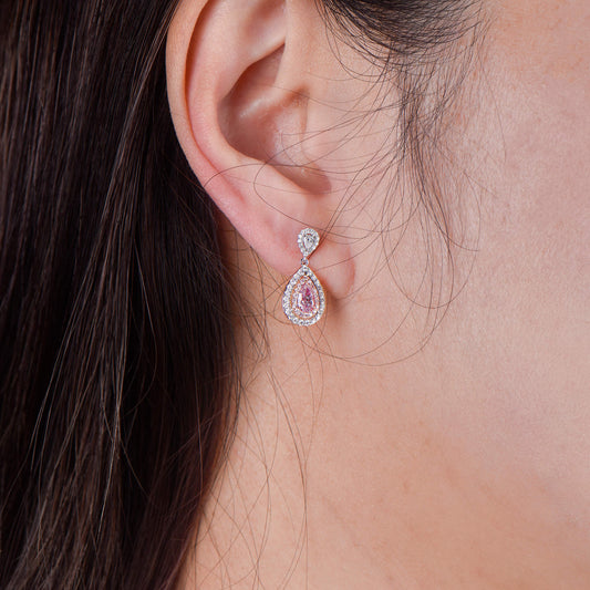Natural Light Pink Diamond Drop Earrings, 18K White Yellow & Rose Gold, Pear Shape, 1.34 Ct. TW