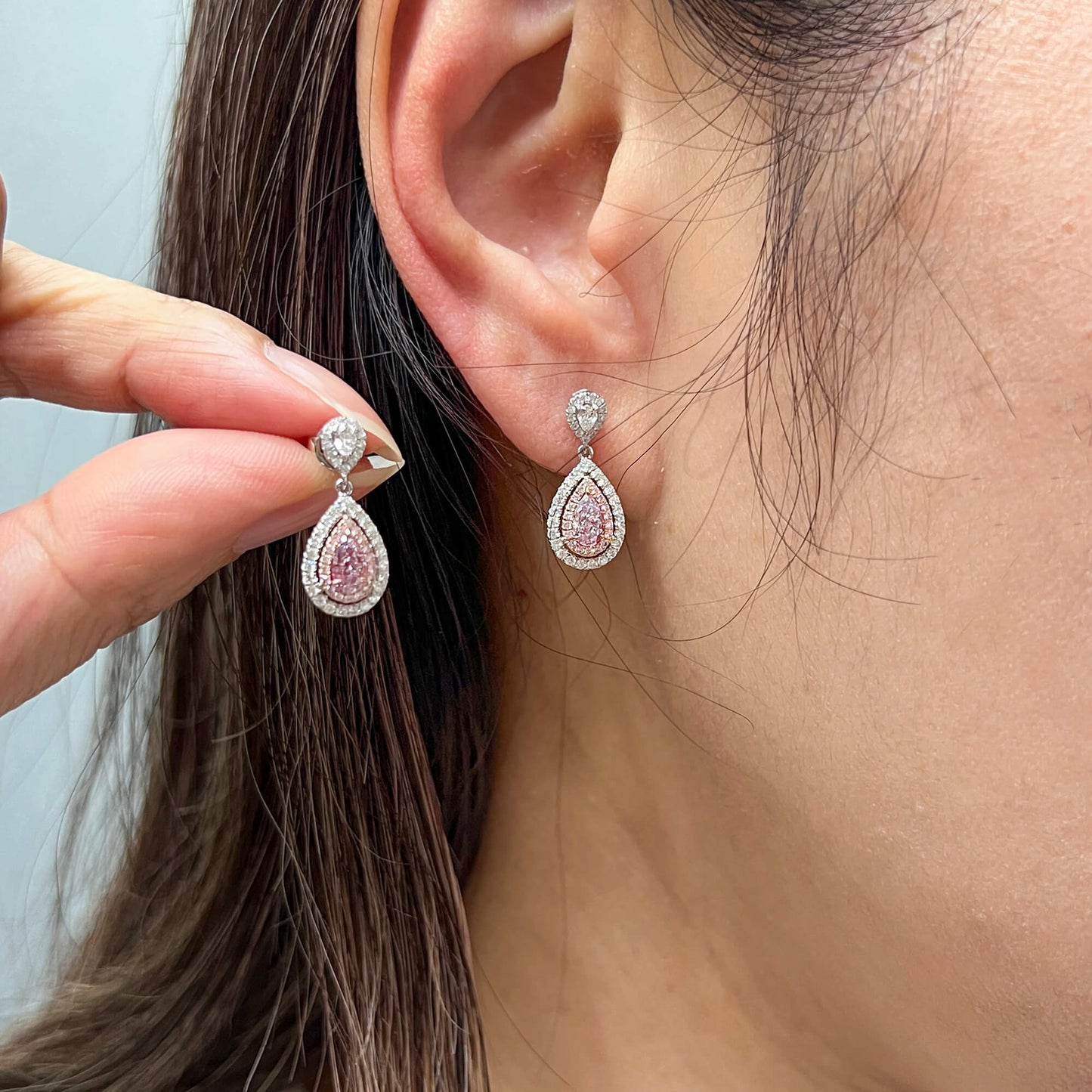 Natural Light Pink Diamond Drop Earrings, 18K White Yellow & Rose Gold, Pear Shape, 1.34 Ct. TW