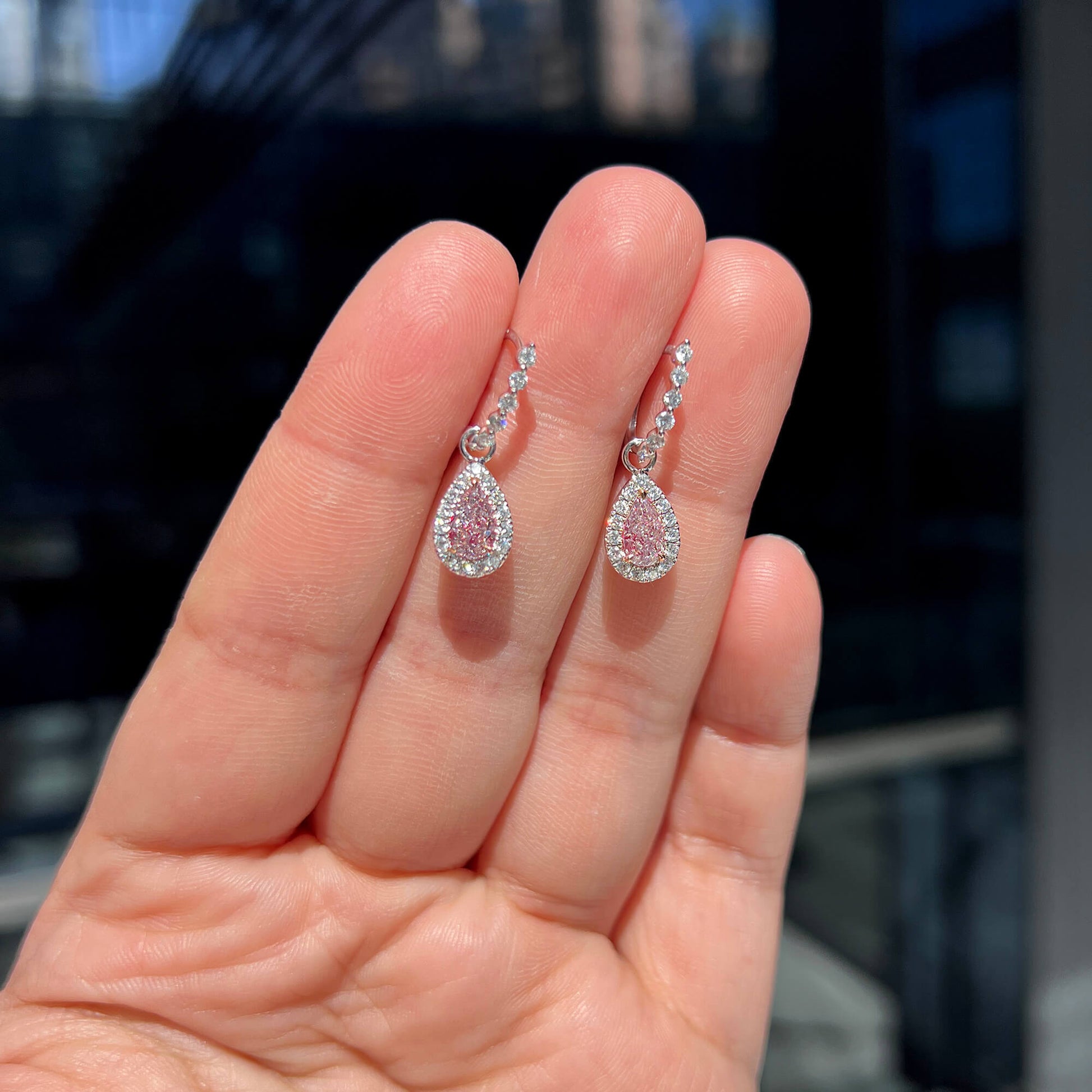 Natural Light Pink Diamond Drop Earrings, 18K White & Rose Gold, Pear Shape, 1.60 Ct. TW