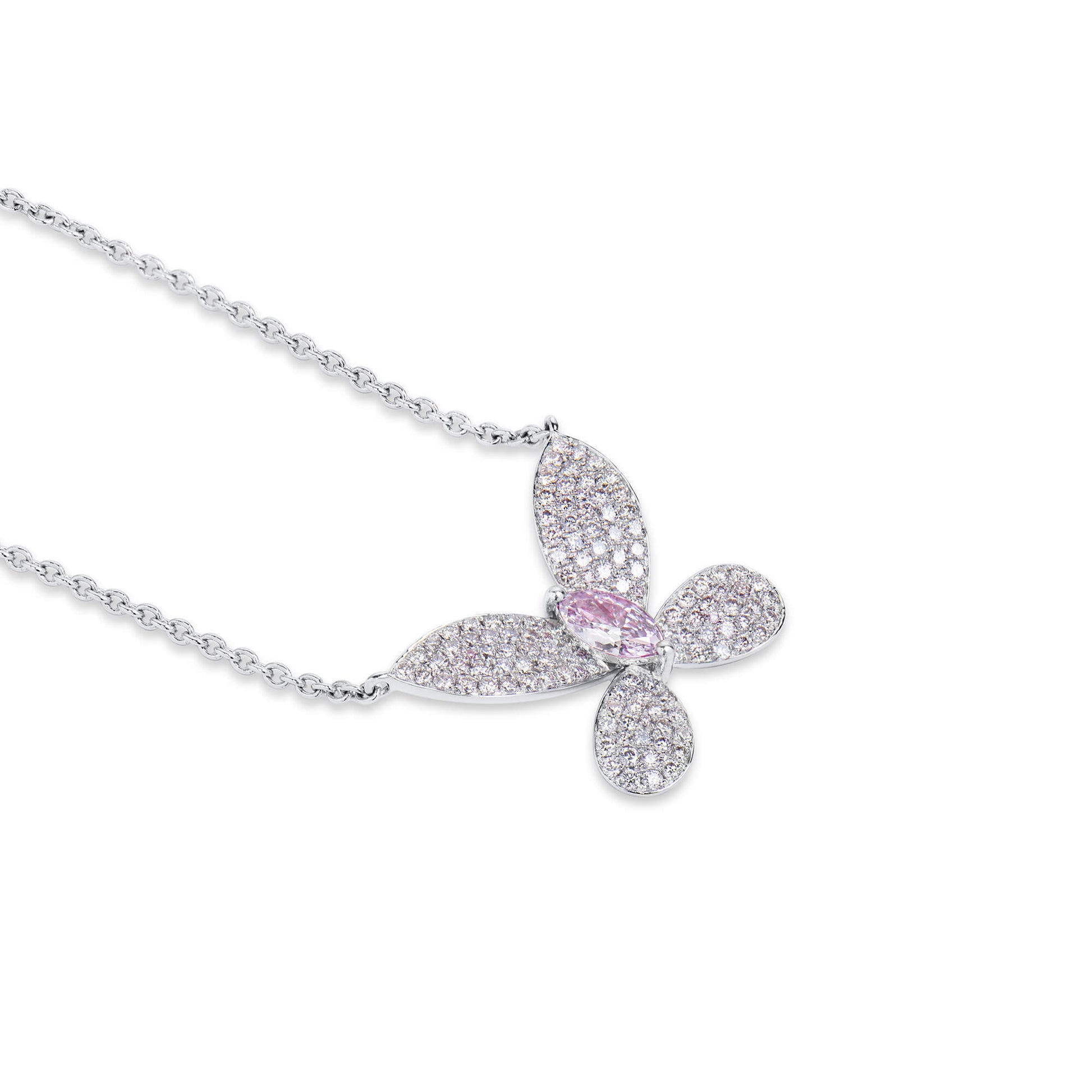 Natural Light Pink Diamond Butterfly Pendant, 18K White Gold, Marquise Shape, 0.77 Ct. TW